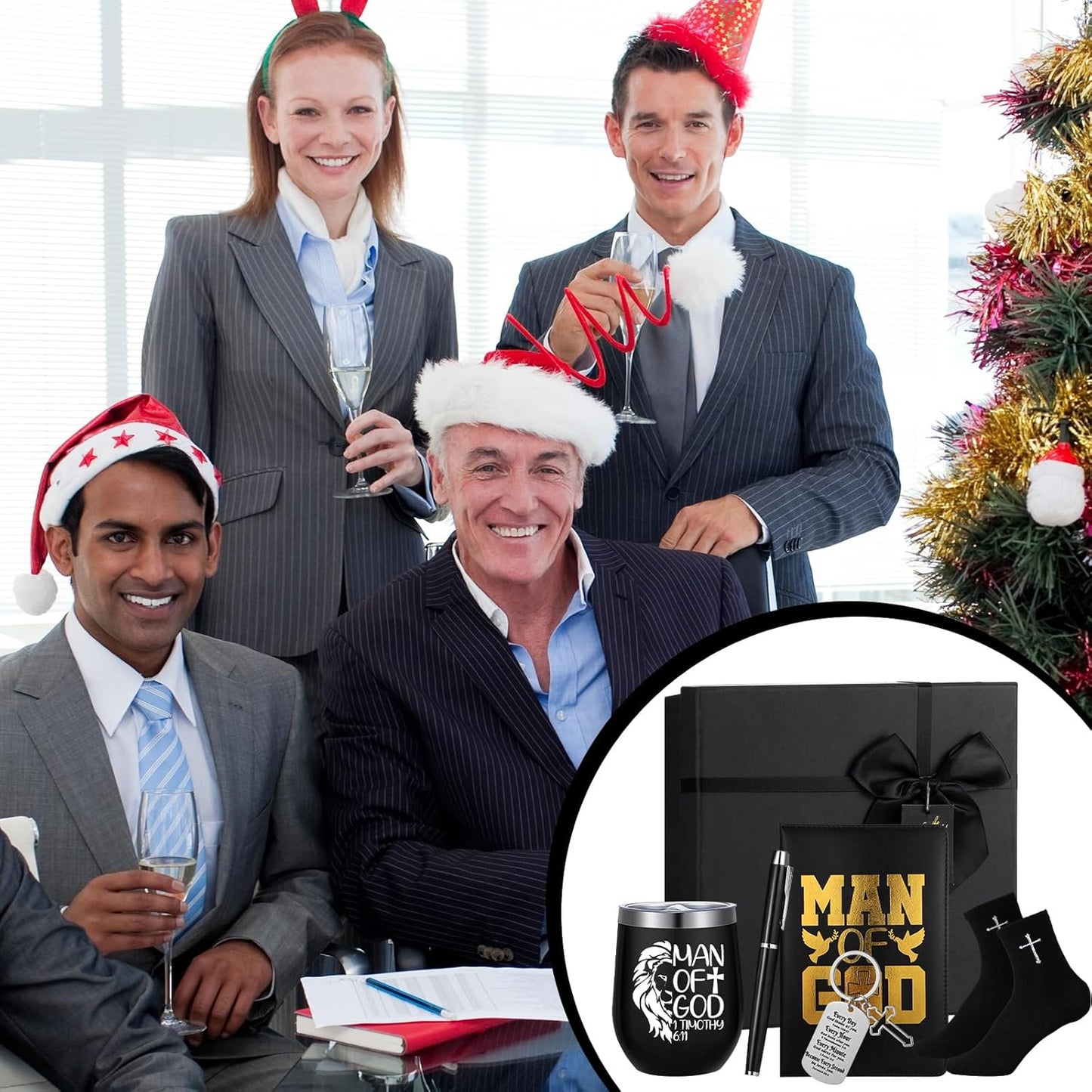 6 Pcs Christmas Christian Gifts for Men Man of God Religious Faith Gifts Tumbler Bible Verse Keychain Socks Pen Man of God Notebook Box for Male Pastor Clergy Catholic Church Birthday