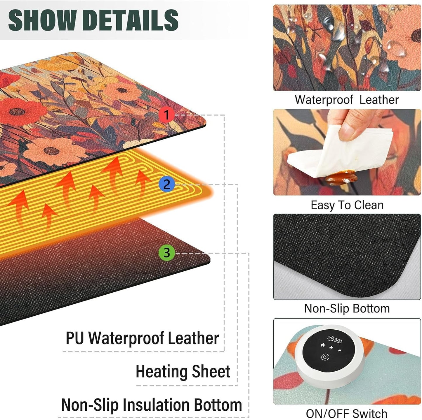 Heated Desk Pad Mouse Pad 31.5x13 Inch PU Leather Desk Mat with 3 Heat Levels Large Mouse Gaming Computer Laptop Mat Autumn Poppy Flowers