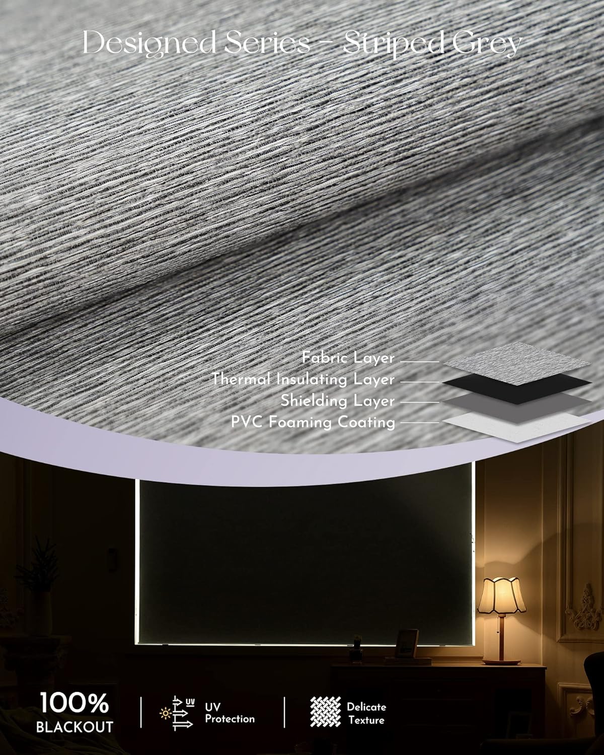 Graywind Smart Blackout Roller Shades Compatible with Alexa Google WiFi Hardwired Textured Gleaming Fabric Motorized Blinds Remote Window Shades, Custom Size (Striped Grey)