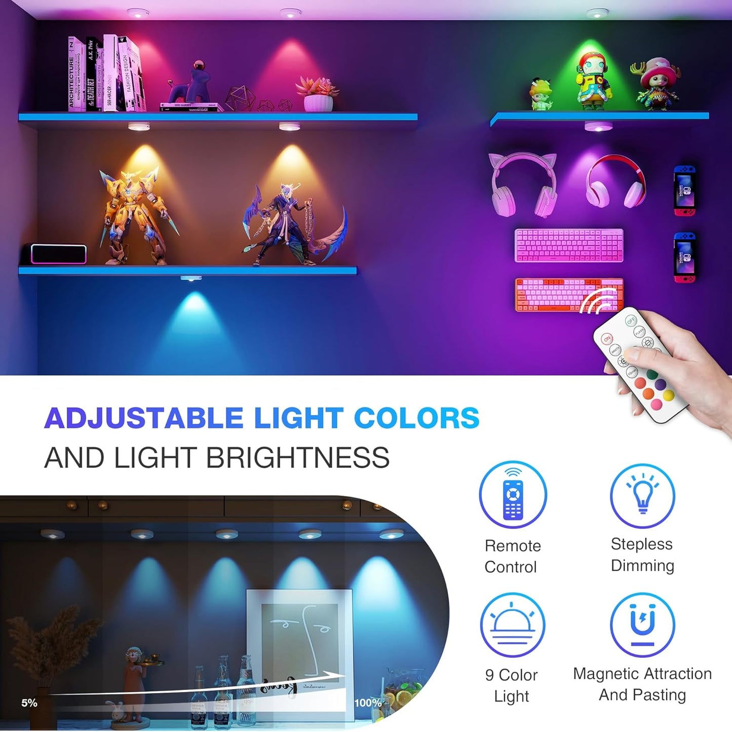 RGB Puck Lights with Remote Control, 2000mAh Battery Operated Tap Lights Rechargeable, 9 Colors & 2 Dynamic Changing Under Cabinet Lighting, Magnetic Stick on Light for Closet(White, 5 Pack)