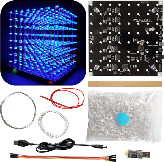 8x8x8 LED Cube DIY Electronic Soldering Project Kit, User Needs to Solder The LED, Displayed Content Can Be Modified [3D8C-BLUE]