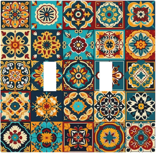 Mexican Talavera Ceramic Tile Moroccan Boho Decorative Switch Plates 2 Gang Double Toggle Outlet Light Switch Cover Wall Plate Electrical Faceplate for Bathroom Kitchen Decor