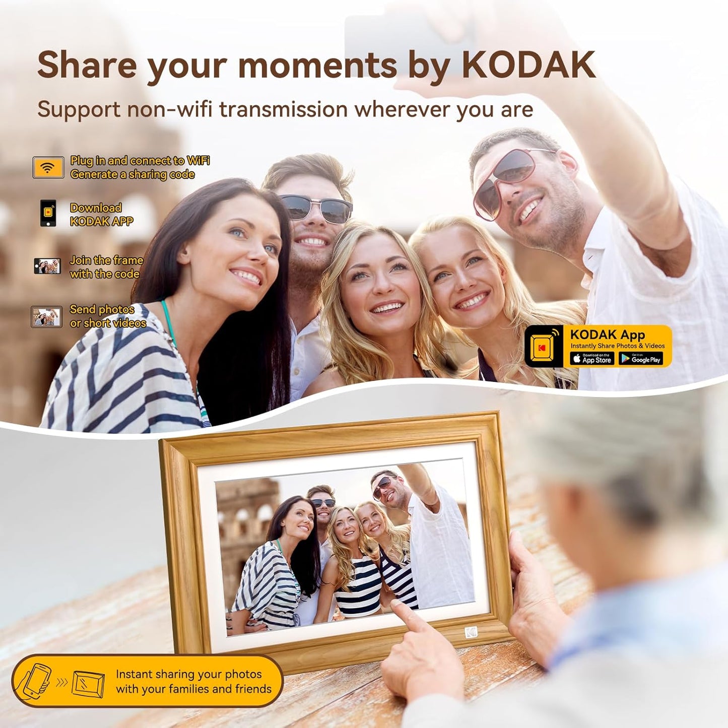 Kodak 14.1 Inch Smart WiFi Digital Picture Frame 1920x1080 Touch Screen, Auto-Rotate, Built in 32GB Memory, Share Photos and Videos for Anywhere Anytime, for Friends and Family (Wood)