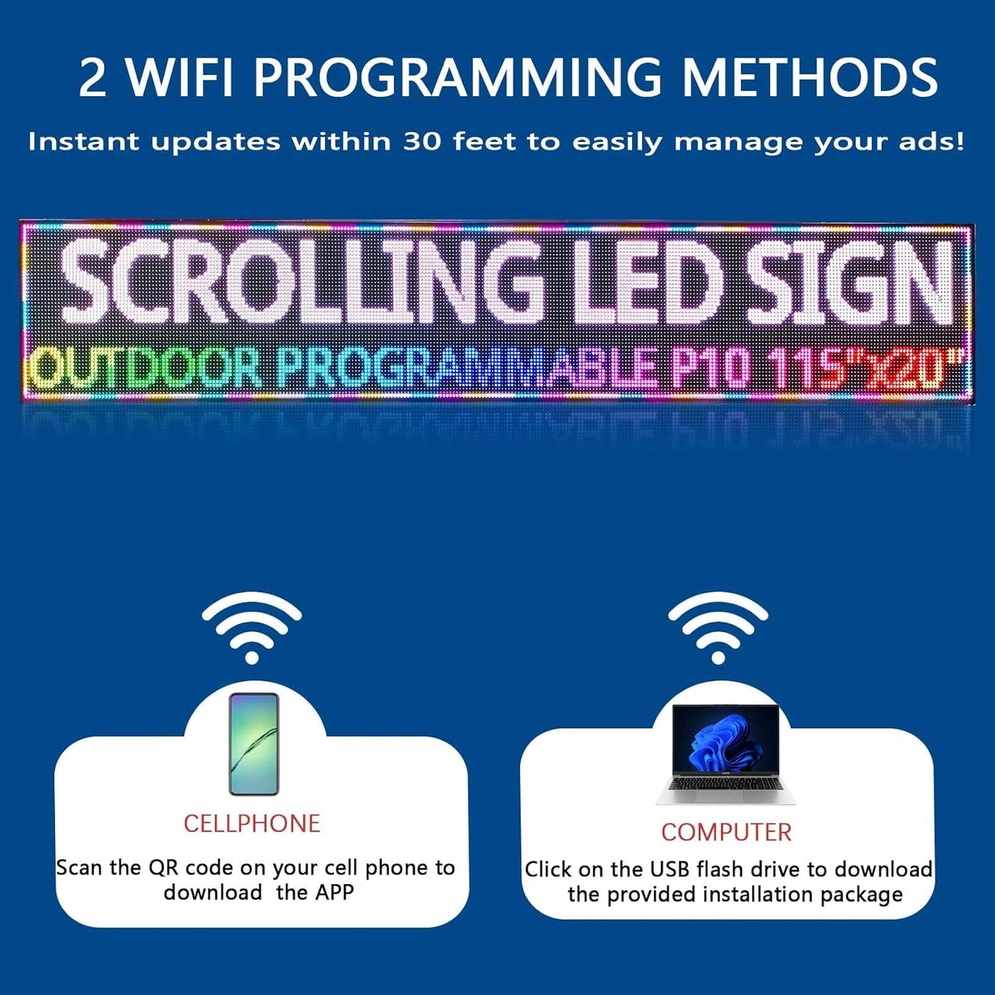 HS P10 115'’x20’’ Programmable Led Sign, Outdoor Digital Scrolling Signs, Open Neon Signs, Electronic Message Display Screen Banner Board, Full Color High Brightness WIFI Control Customized text for Business Store Advertising Restaurant Window