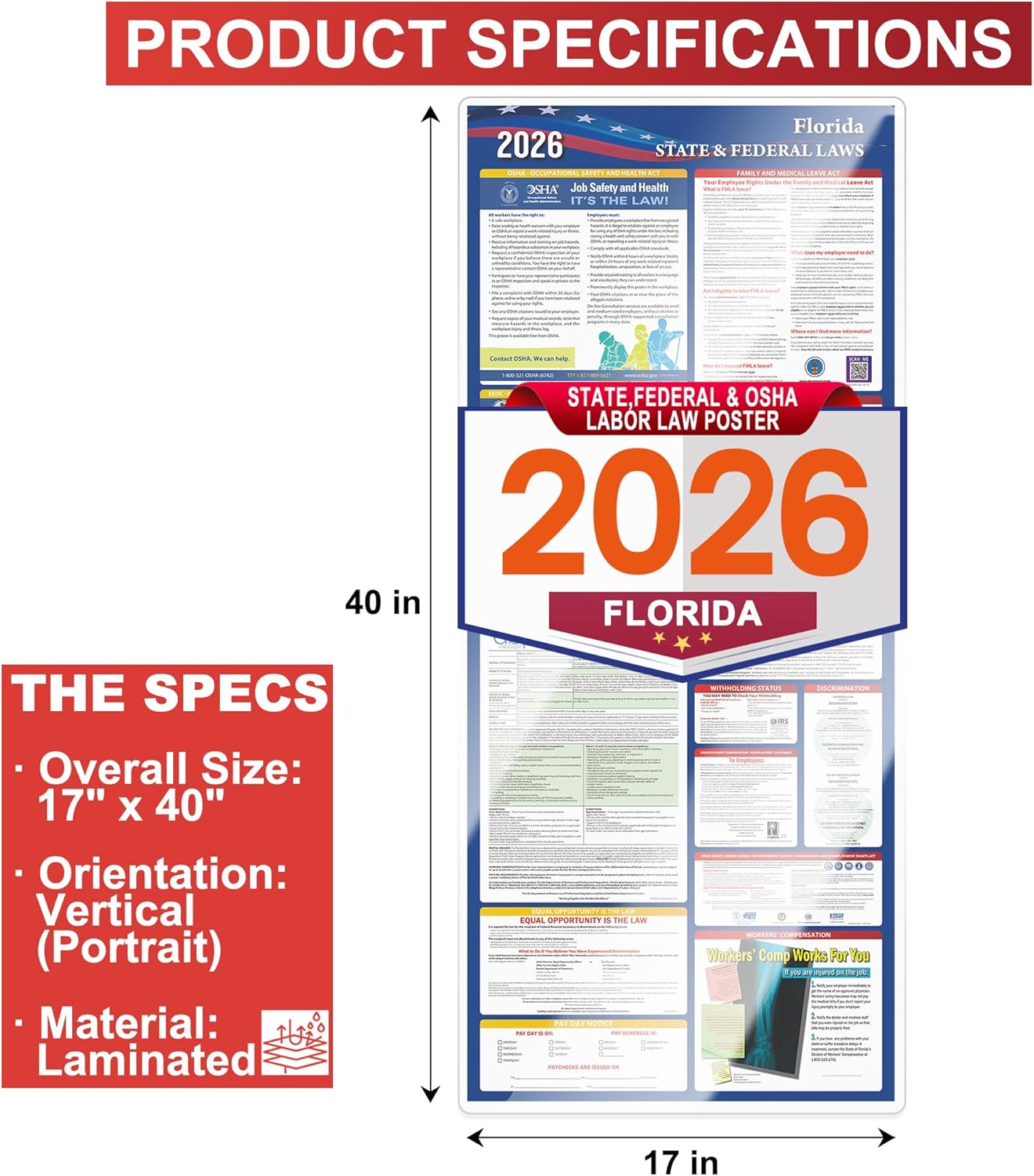 2026 Florida State and Federal Labor Laws Poster,OSHA Workplace Compliant,English Employment Poster,All in One Required Compliance Posting 17" x 40"
