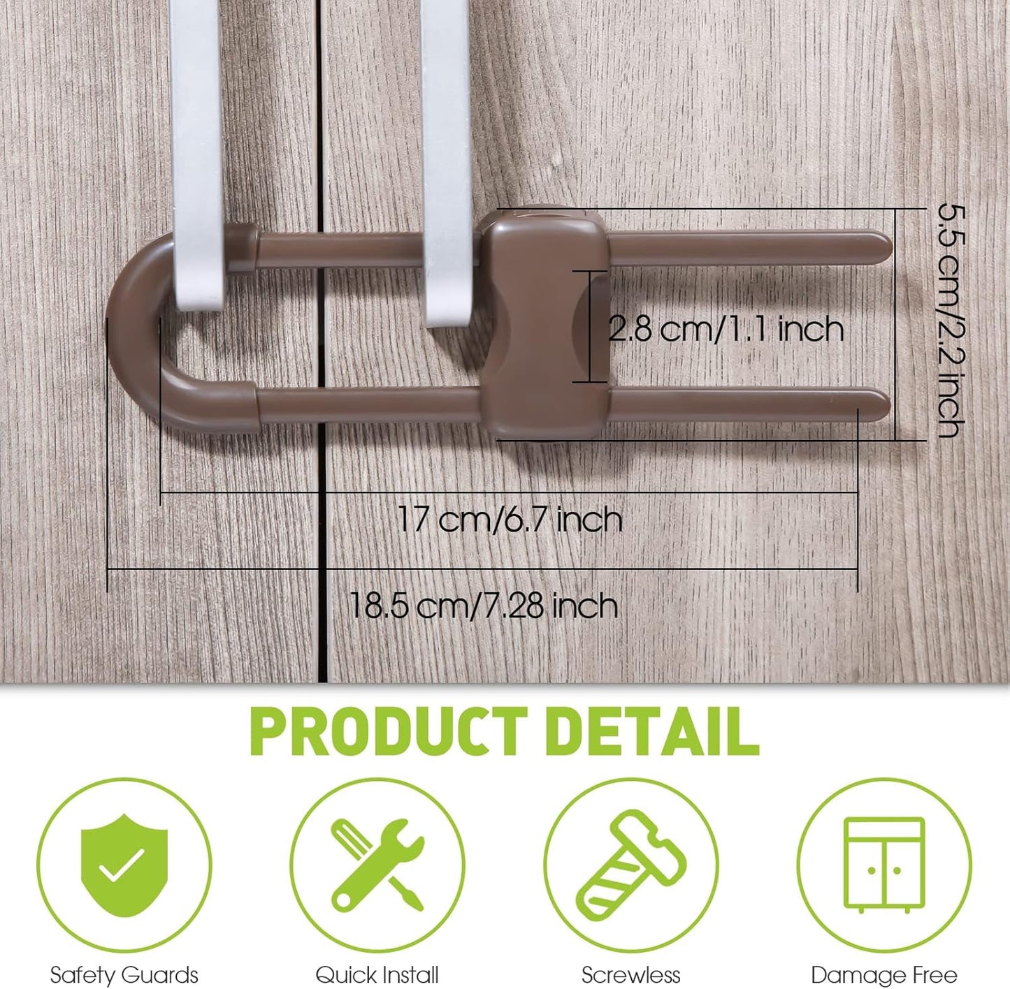 Jetec 10 Pieces Cabinet Locks for Babies, U-Shaped Proofing Drawers Safety Child Locks Adjustable, Easy to Use Childproof Latch for Knob Handle on Kitchen Door Storage Cupboard Closet (Brown)