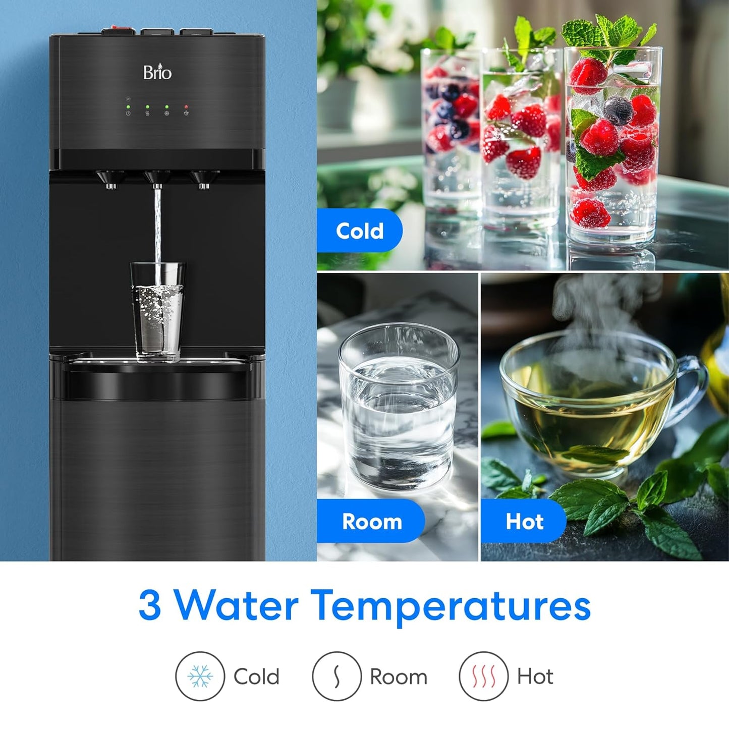 Brio Bottleless Water Cooler Dispenser w/ 4-Stage Filters (Included) removes PFAS & Microplastics for Clean Drinking Water, NSF Certified | 3 Temp (Hot, Room, Cold) w/Child Safety Lock & LED Display