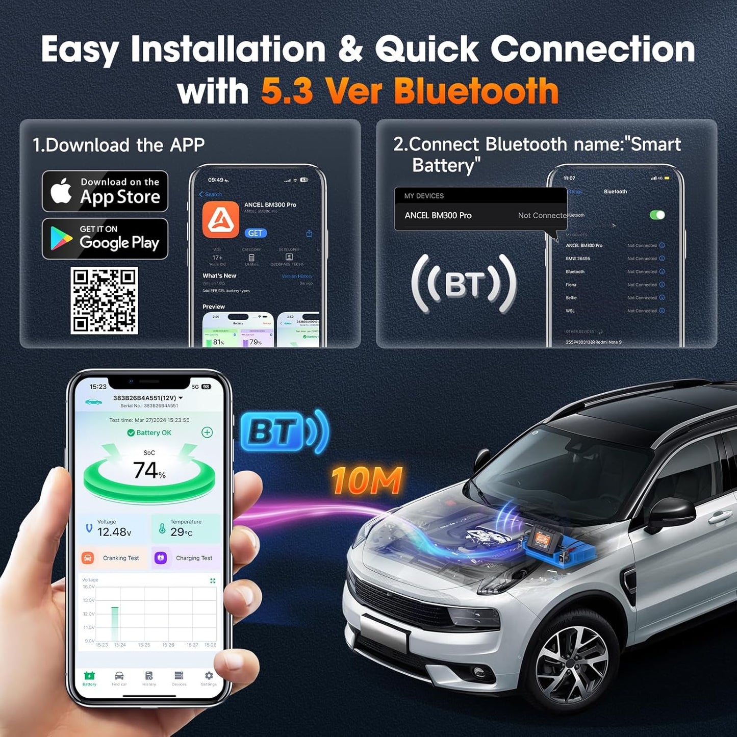 ANCEL BM Series 24V 12V 6V Battery Monitor - BM300 Pro Bluetooth 5.3 Battery Monitor with Charging, Cranking System Test & Alarm - IP67 Waterproof Voltmeter for Trucks, Cars, Motorcycles, Boats