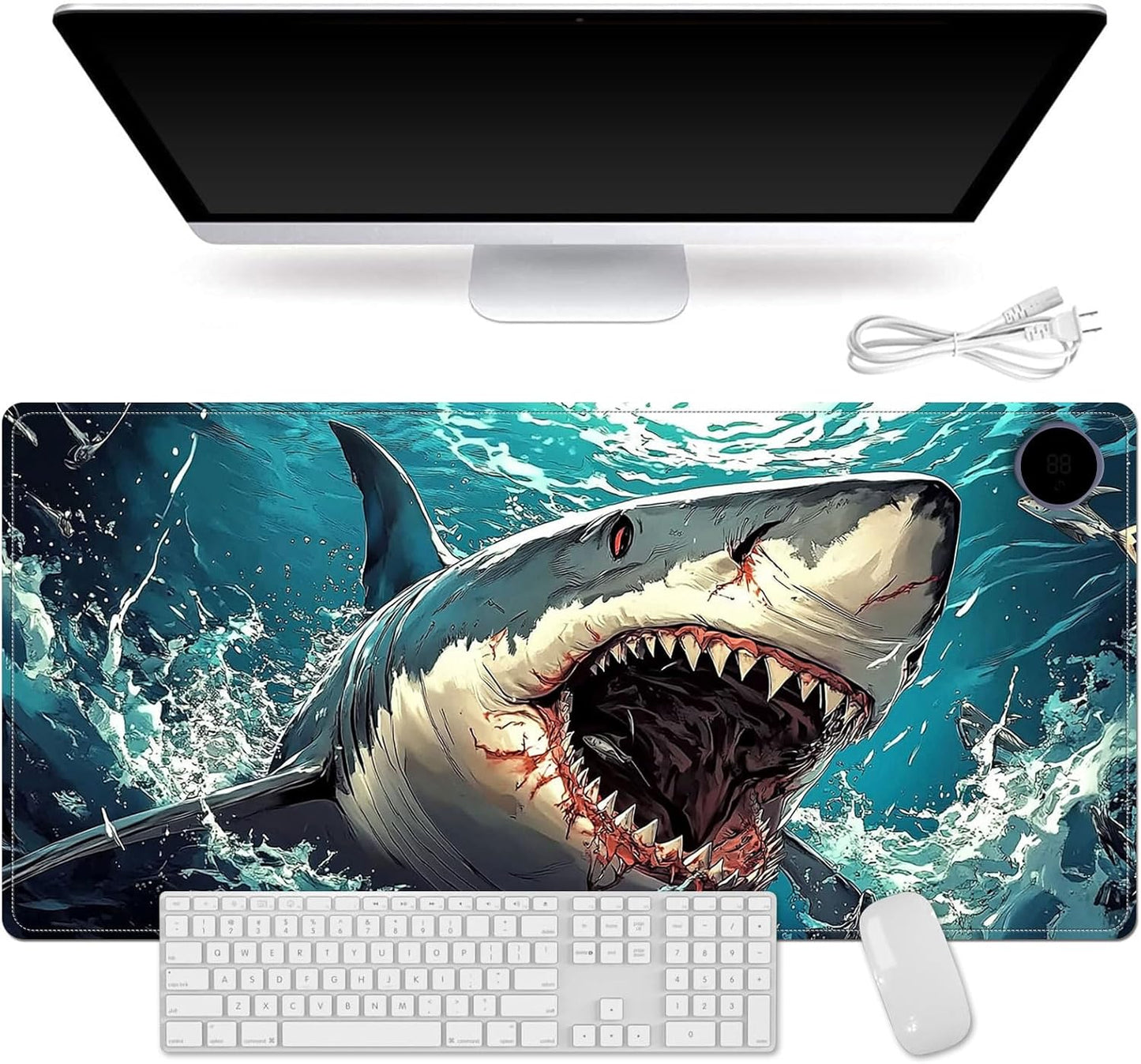 Heated Mouse Pad for Desk 31.5" x 13" – PU Leather Warm Desk Pad with 3 Heat Levels (104°F/113°F/122°F), Plug-in Electric Heating Mat with Auto Shut-Off, Waterproof & Rollable, Angry Shark