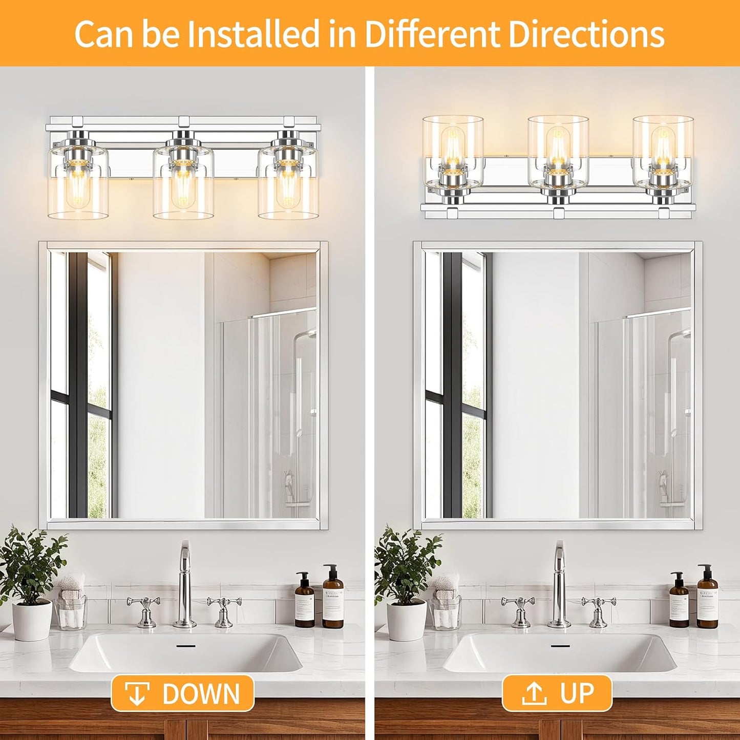 3 Light Modern Bathroom Light Fixtures Over Mirror, Chrome Vanity Lights for Bathroom Wall Sconces with Clear Glass Shades, E26 Socket (Bulbs Not Included)