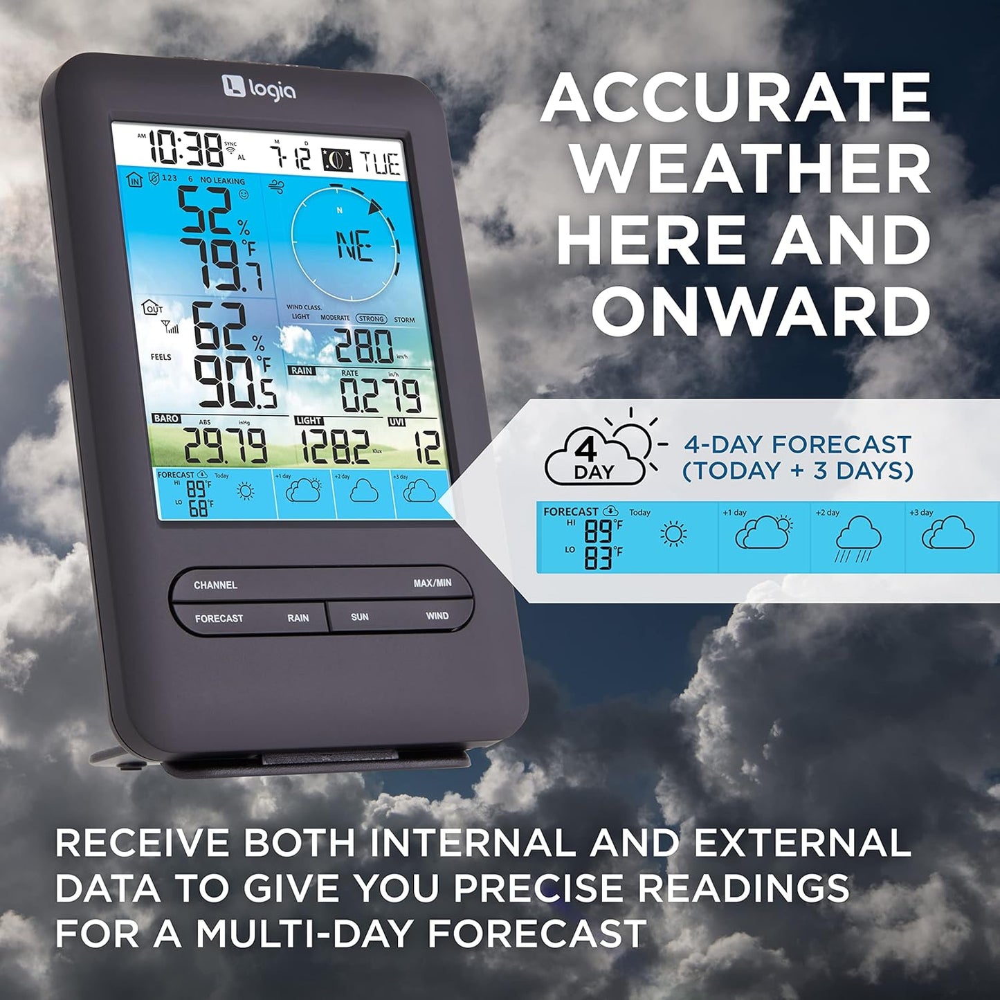 Logia 18-in-1 Wireless Weather Station with 7-in-1 Solar Sensor Array & 4-Day Forecast, Wi-Fi & Large Color Display, Wind Speed/Direction, Rainfall, UV Index, Light Intensity, Temperature & Humidity