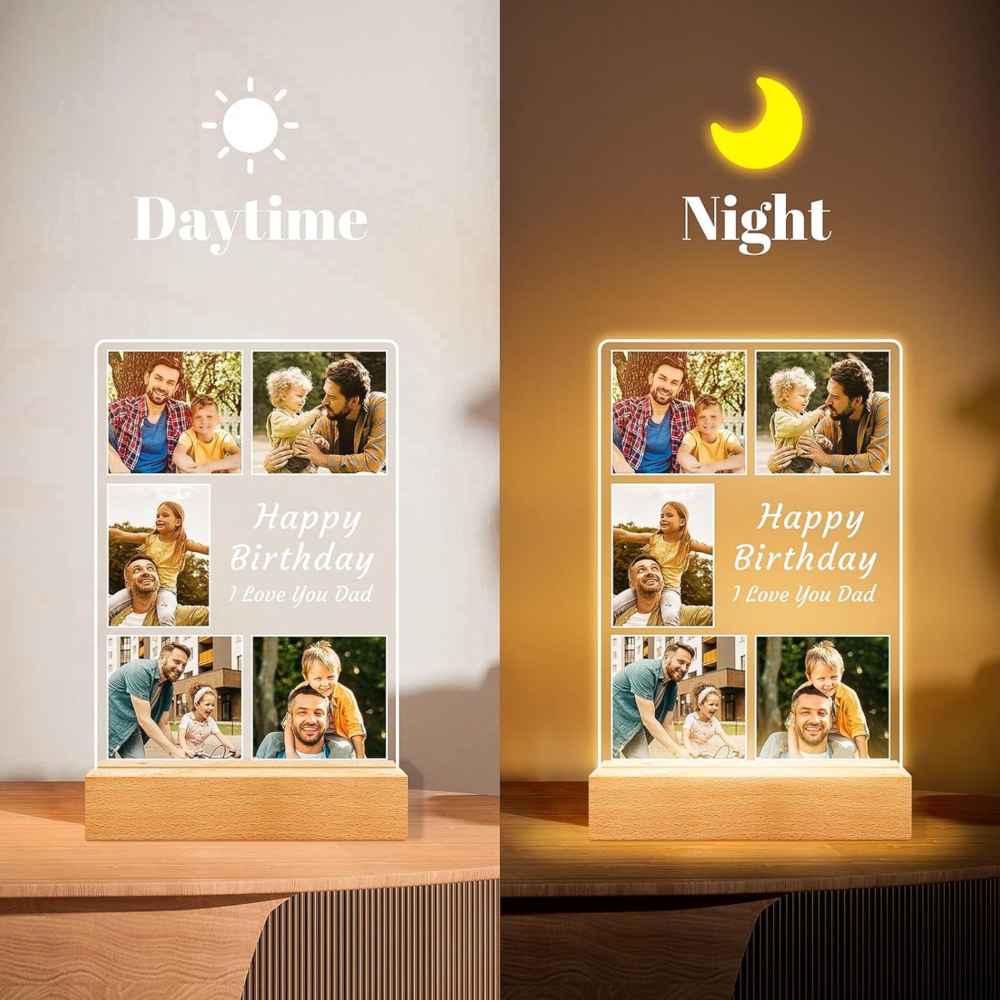Personalized Birthday Gifts for Dad from Daughter Son, Custom Picture Frames with Night Light, Customized Photo Frame with Photos, Personalized Gifts for Dad, Baby, Kids, Family