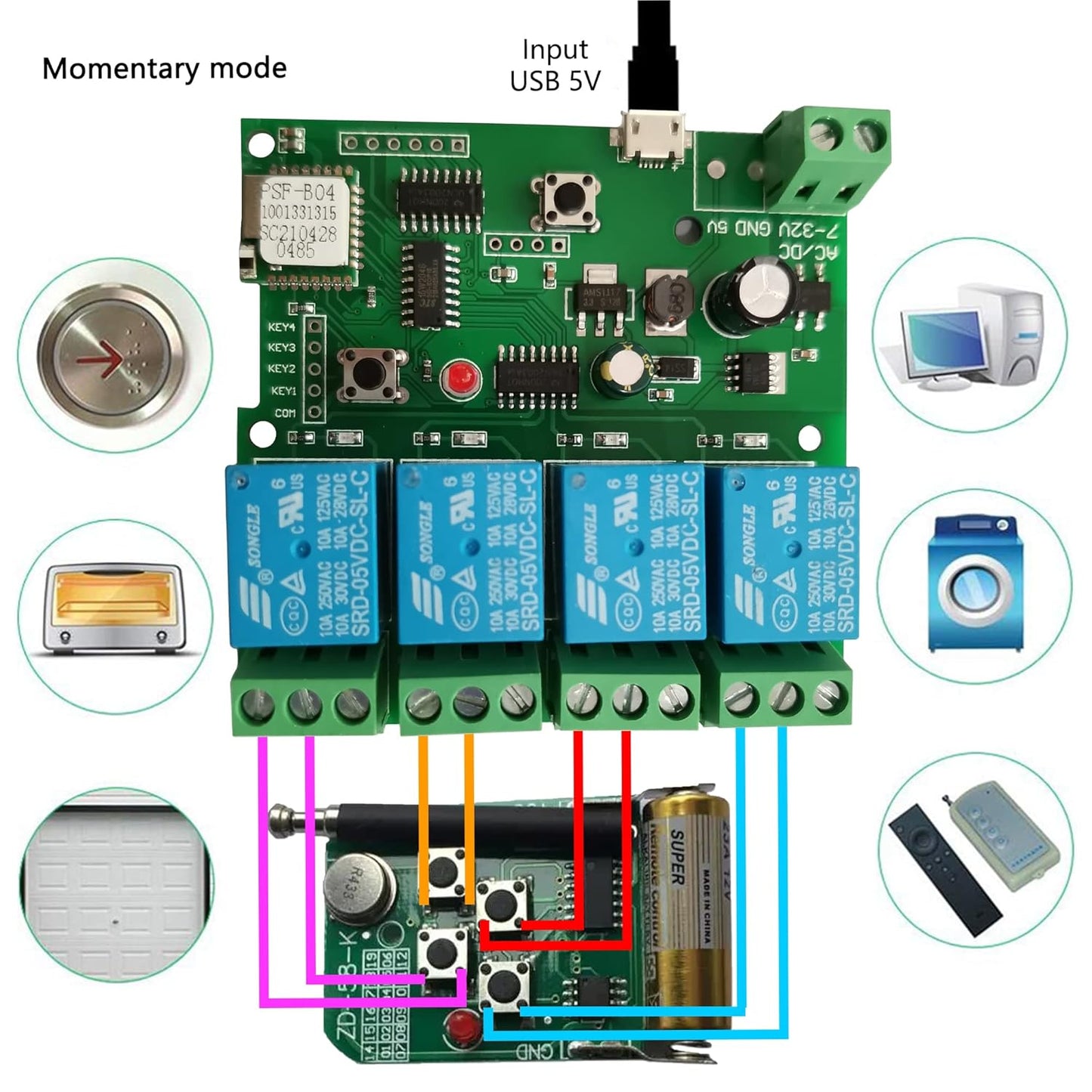 Jane Eyre 4 Channel WiFi instantaneous Jog Relay self-Locking Switch Module DIY Garage Door Switch Module Ewelink APP Control, Compatible with Alexa Goolge Assistant