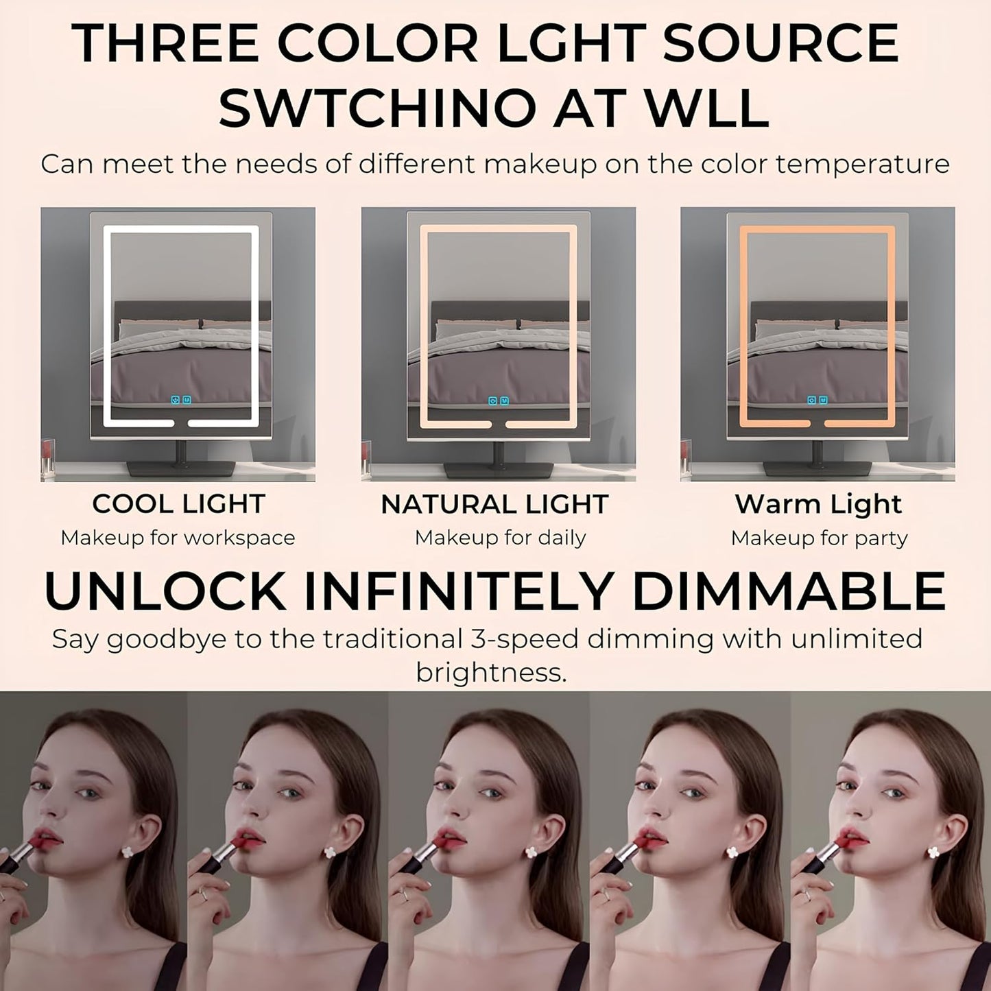 Makeup Mirror with Lights, 12.6 x 17.7 Inch LED Vanity Mirror, Lighted Makeup Mirror with Dimmable 3 Modes, Smart Touch Control, Aluminum Frame and Tempered Glass Base, Bronze