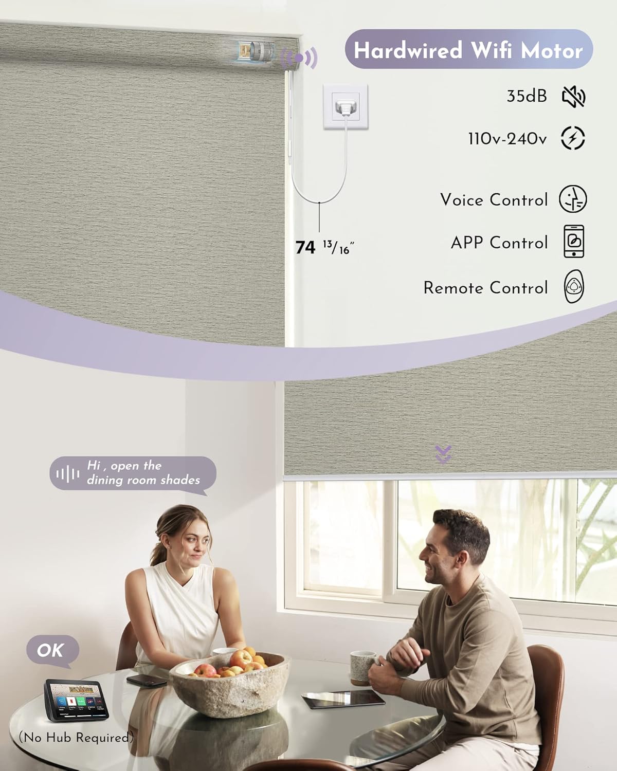 Graywind Smart Blackout Roller Shades Compatible with Alexa Google WiFi Hardwired Textured Fabric Motorized Blinds Remote Window Shades, Custom Size (Frequency Sand)