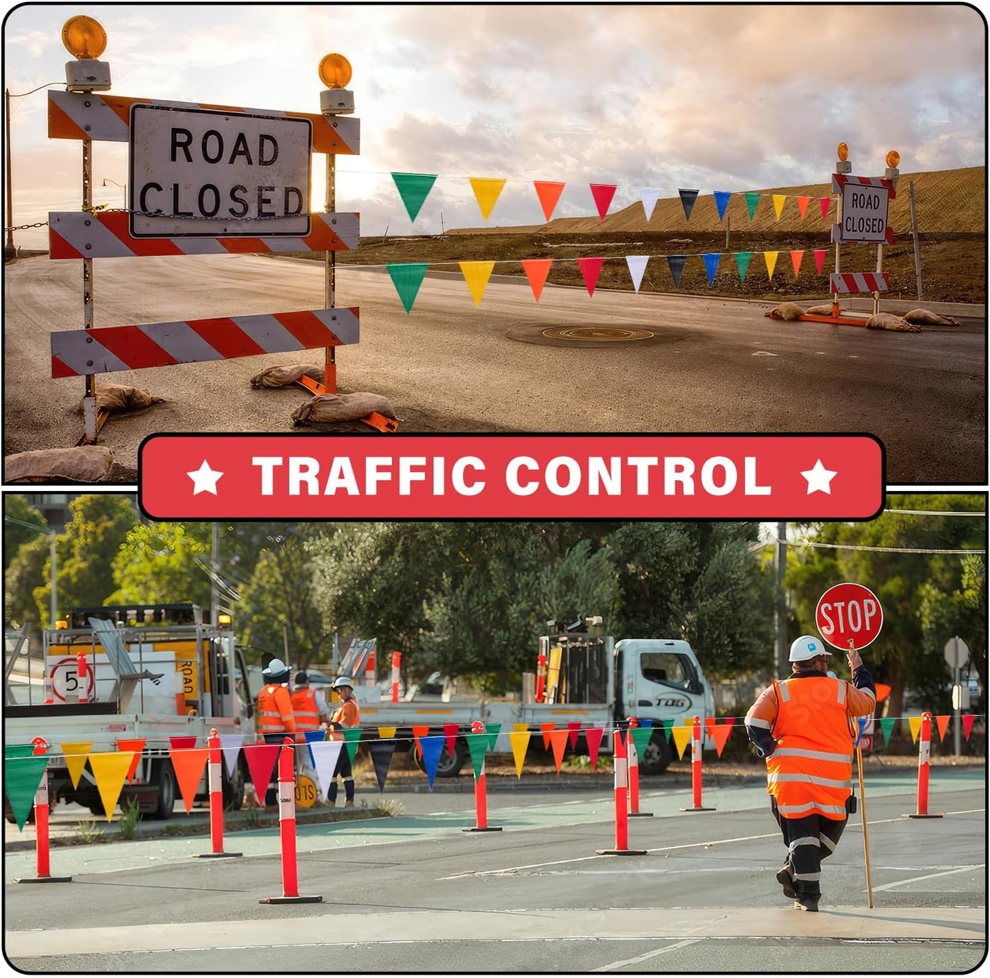 50ft Pennant Banner Flags, 7"x10" Fluorescent Multicolor Safety Flagging Warning Banner for Construction Site/Traffic Control/Boundary Barrier Signs, Perimeter Marking Flags on String, 25 Pcs