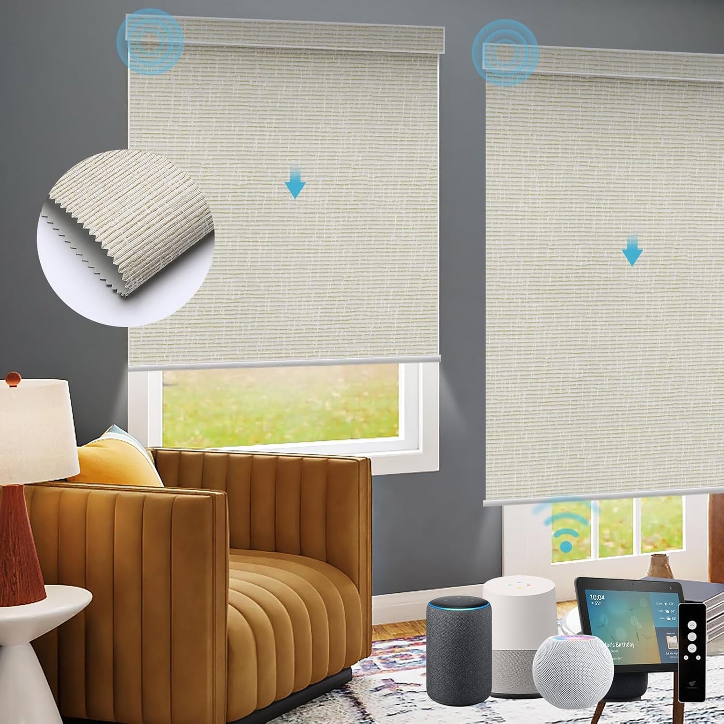 SmartWings Motorized Roller Shades Work with Homekit, Alexa Google, 100% Blackout Smart Blinds for Windows, Cordless Remote Control Window Shades, Safari Cream, Customized Size