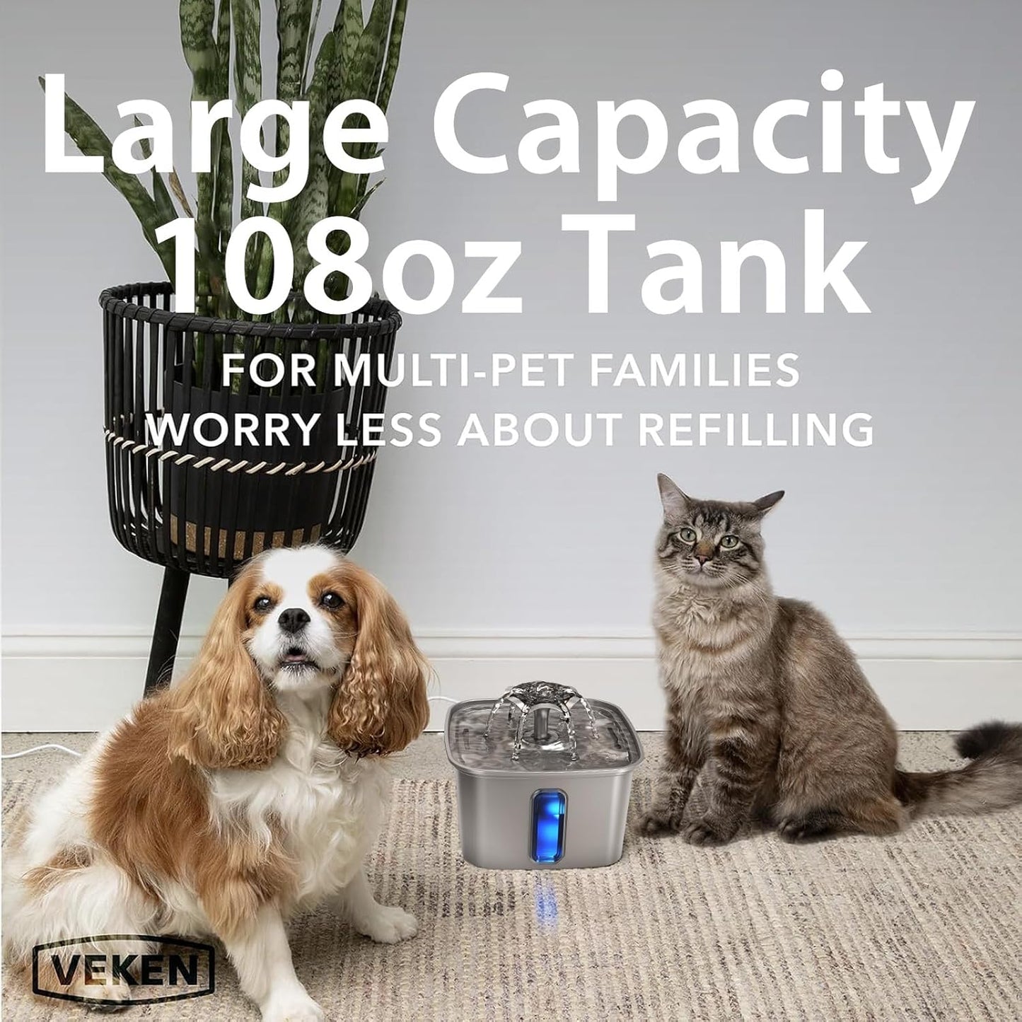 Veken Innovation Award Winner Stainless Steel Cat Water Fountain, 108oz/3.2L Automatic Pet Fountain Dog Water Dispenser with Replacement Filters & Silicone Mat for Cats, Dogs, Multiple Pets (Silver)