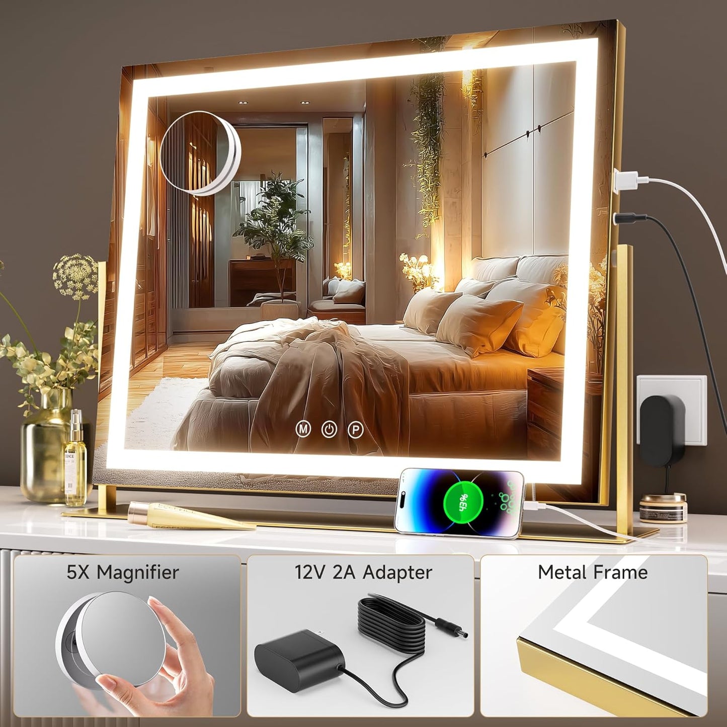 Hasipu Vanity Mirror with Lights, 23.6" x 18.1" LED Makeup Mirror, Light up Mirror with 10X Magnification, USB Charging Port, Smart Touch 3 Colors Dimmable, 360° Rotation (Gold)