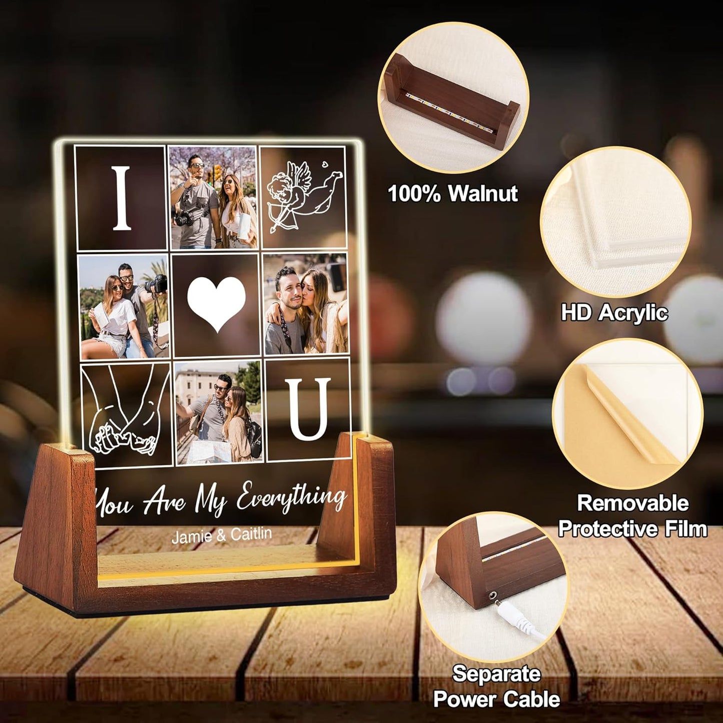 Customized Couple Birthday Gifts For Boyfriend Girlfriend Him Her, Custom Light Up Picture Frame Acrylic Plaque With Photo Name, Personalized Anniversary Wedding Christmas Gifts For Women Men