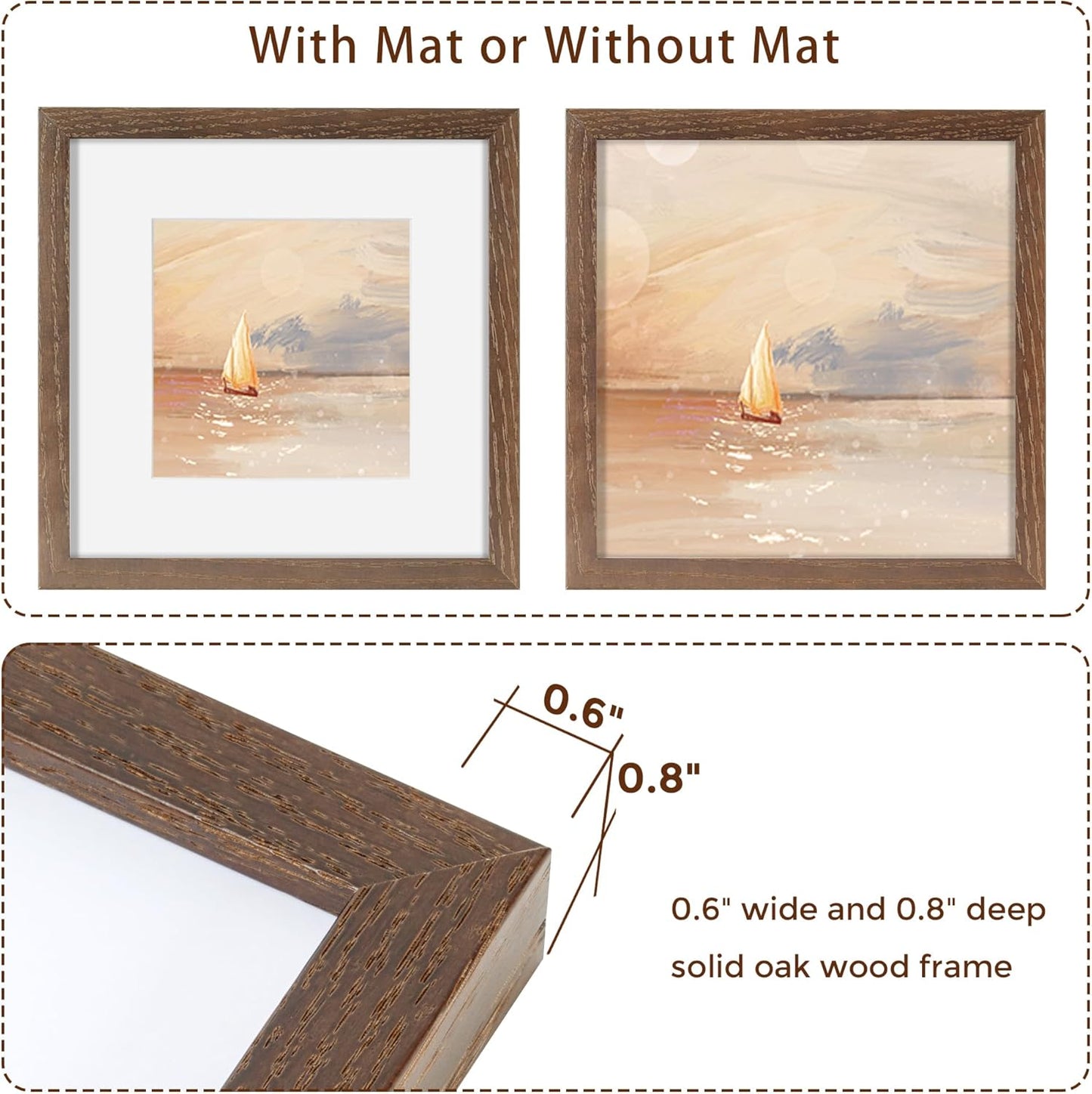 Square 12x12 Picture Frame, Oak Wood Frame 12 by 12, 12"x12" Photo Frames for Wall, 12 x 12 Picture Frame with Mat for 8 x 8, 12x12 Collage Wall Gallery Frame, Tempered Glass - Walnut Color, 1 Pack