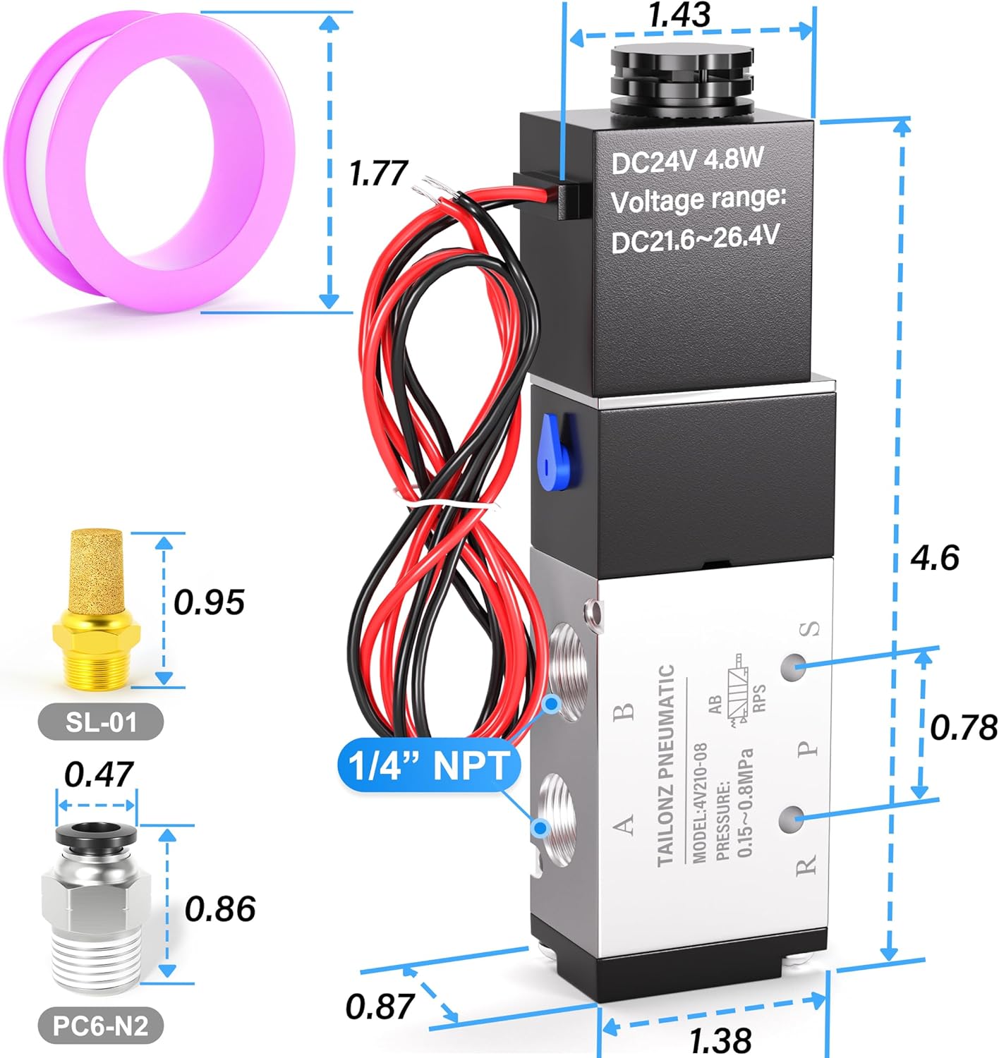 TAILONZ PNEUMATIC 1/4"NPT Solenoid Valve DC24V Single Coil Pilot-Operated Electric 2 Position 5 Way Connection Type 4V210-08 Outlet wire