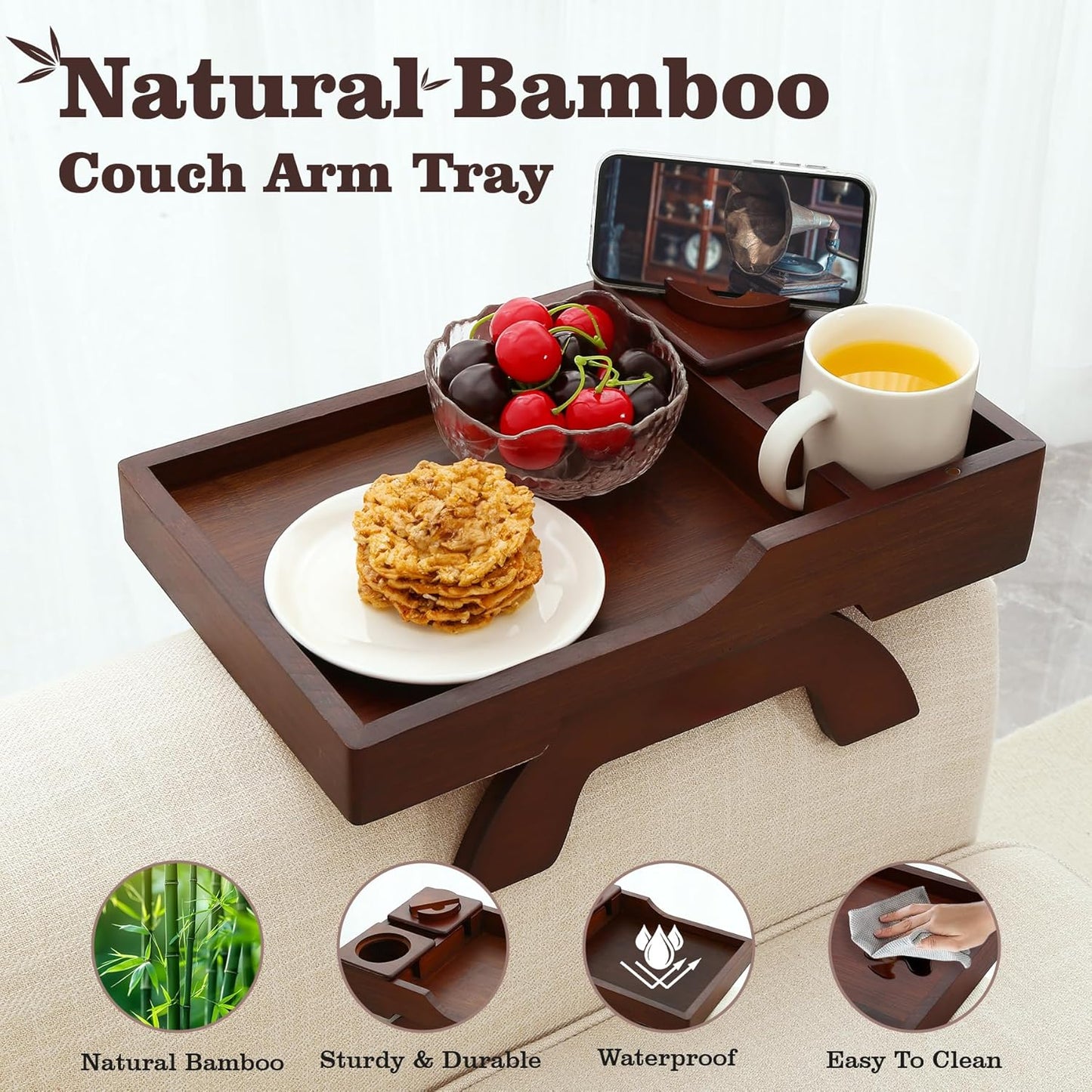 Couch Cup Holder Tray, 15.4"x9.9" Large 4 in 1 Couch Armrest Table with 360°Rotated Phone Holder, Non-Slip Clip on Side Table for Drinks/Remote/Snacks, Ideal Gift for Husband, Wife, Parents