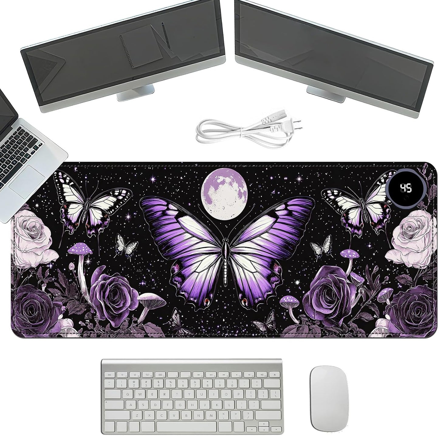 Heated Mouse Pad with 3 Temperature Settings(104°F–122°F),Large 31.5x13 Inch PU Leather Heated Desk Mat,Waterproof Warming Pad for Office,Gaming & Cold Hands Relief,Purple Butterfly Flower