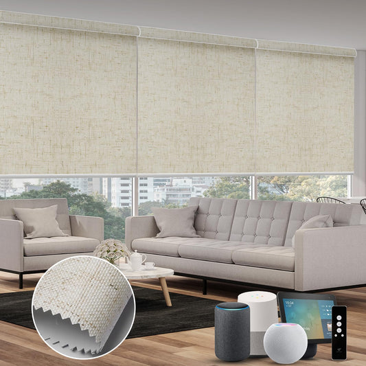 SmartWings Motorized 100% Blackout Shades Blinds, Custom Size, Cordless Window Shades with Rechargeable Battery, Work with Matter/Apple HomeKit, Alexa, Thread/Zigbee, Remote Optional, Linen Stone