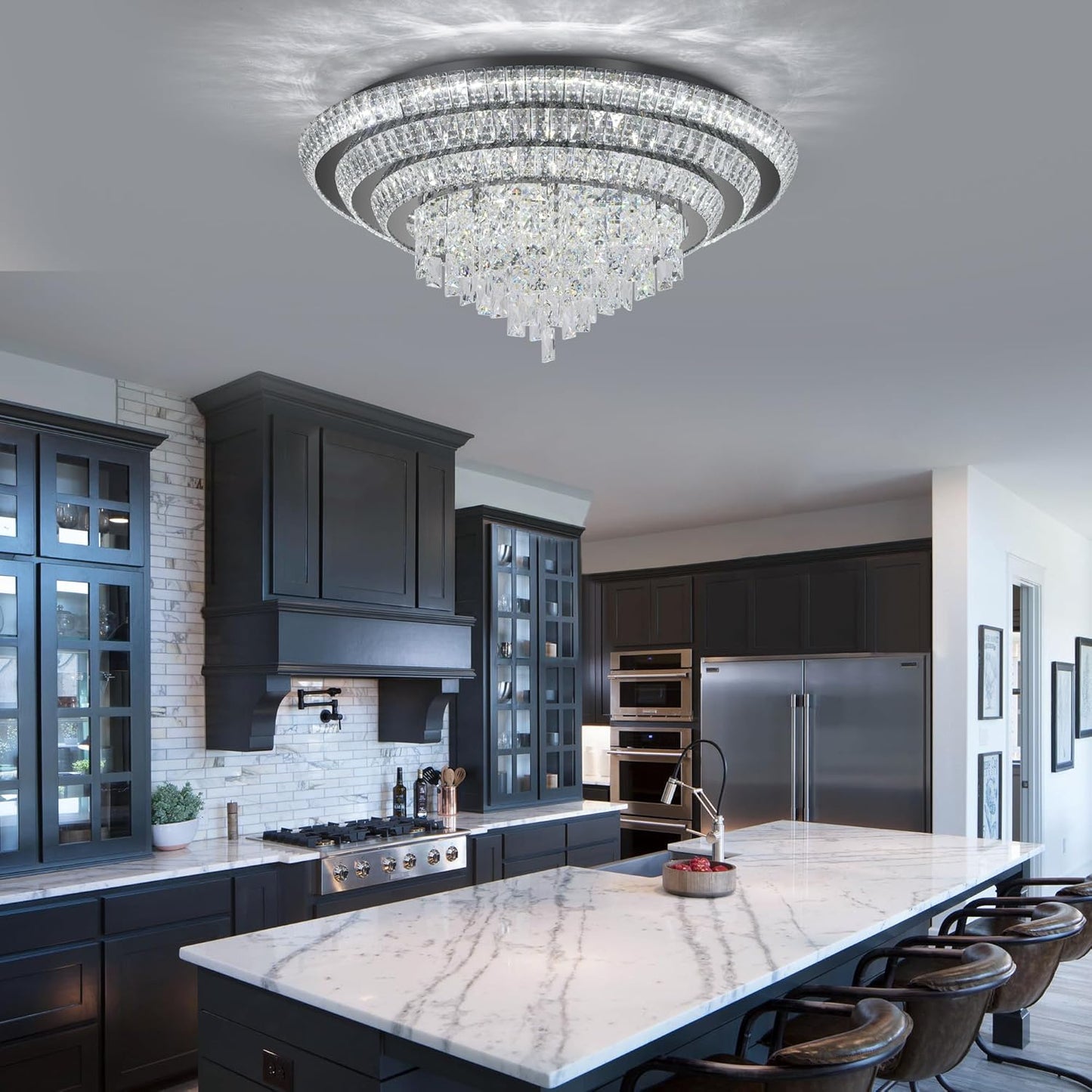 30 inch Crystal Black Ceiling-Light Flush Mount with Remote Control and APP, 3CCT Dimmable & Brightness Adjustable, Modern Crystal Raindrop Chandeliers for Bedroom Hallway Dinning Room Living Room