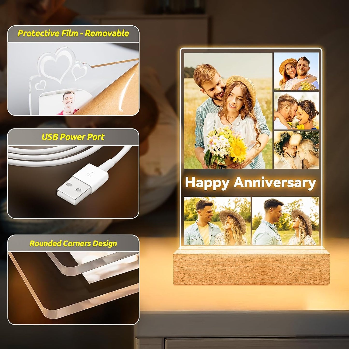 Custom Picture Frames with Photo, Personalized Photo Frame with Night Light, Customized Gifts for Couple, Personalized Anniversary Valentines Day Gifts for Women Men Her Him Boyfriend Girlfriend