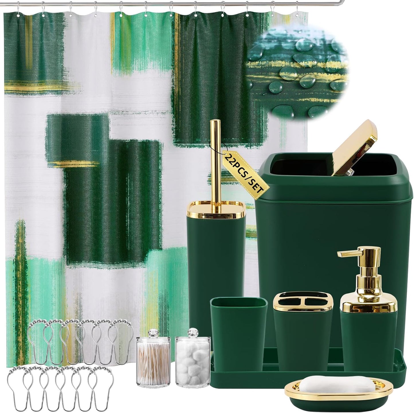 Green and Gold Bathroom Accessories Set, Bathroom Sets with Shower Curtain, Green Bathroom Accessories with Trash Can, Soap Dispenser, Soap Dish, Toilet Brush Holder, Qtip Holders