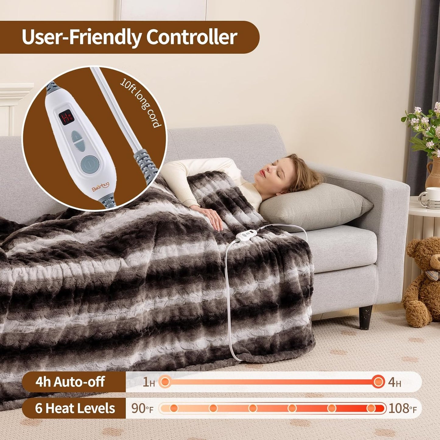 Bearhug Heated Blanket 6 Heat Settings Electric Blanket, 4-Hour Auto Shut-Off, Luxurious Faux Fur & Sherpa Dual-Sided Heated Throw, Machine Washable, 50 x 60 Inches, Gift-Ready Elegant Packaging