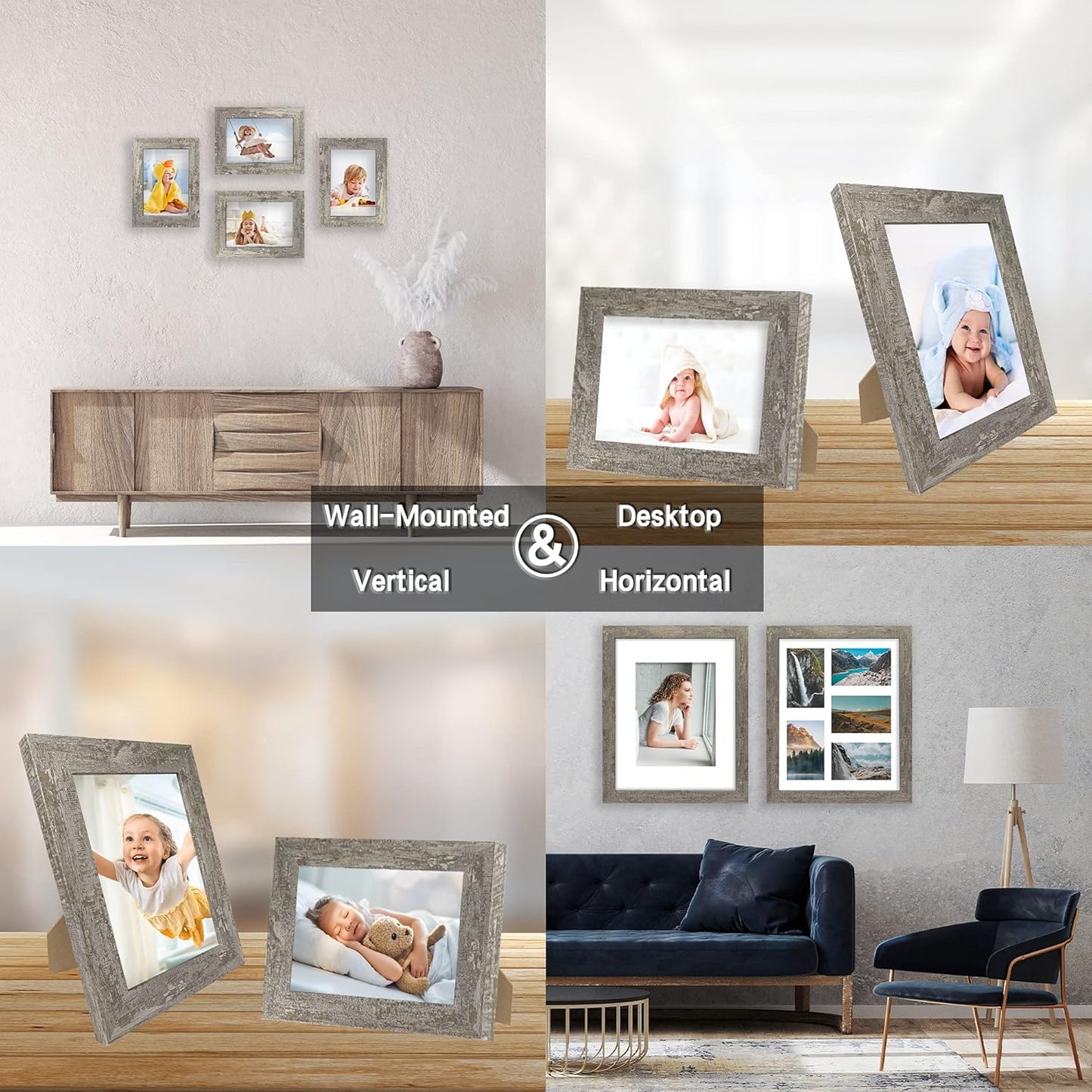 iRahmen 5x7 Picture Frame Set of 4, High Definition Glass Distressed Moss Green Frame, 5 x 7 Wood Photo Frames for Tabletop Display and Wall Mounting