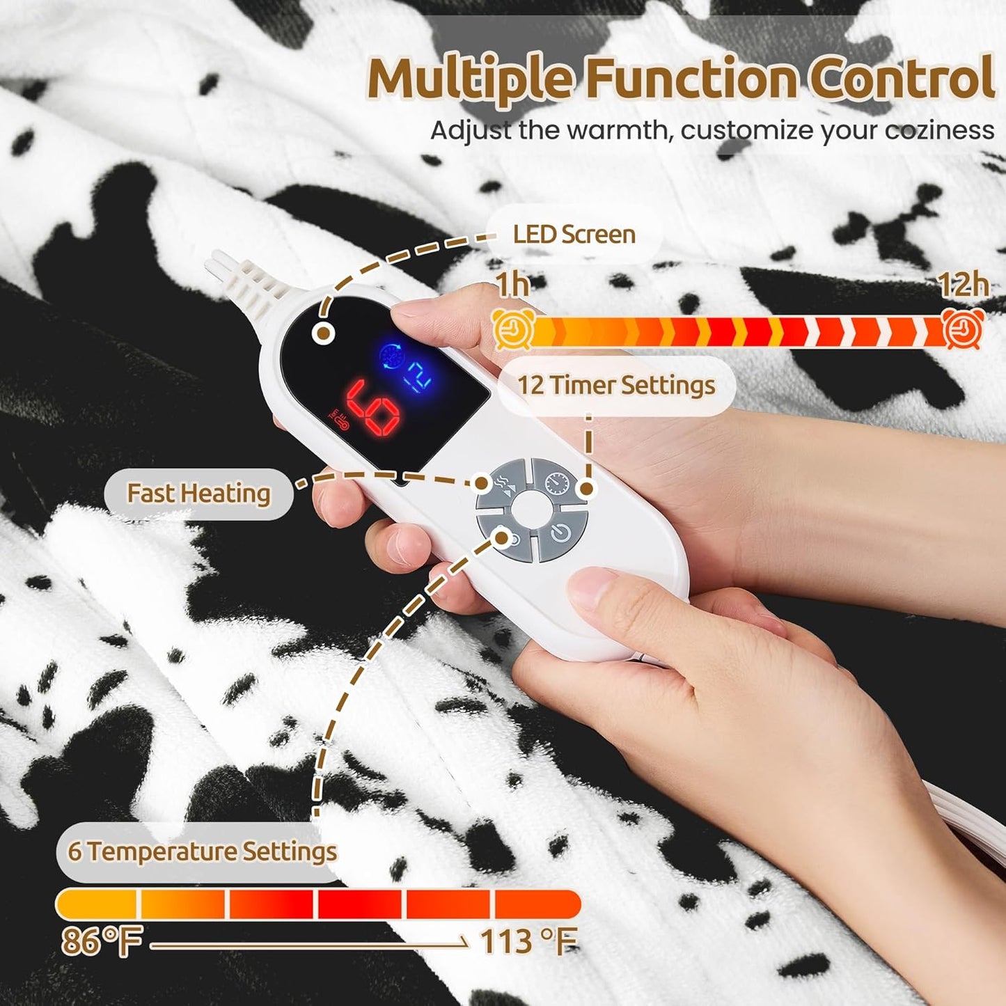 Black Cow Print Heated Throw Blanket 50"x60", Electric Blanket with 6 Heat Settings & 1-12H Timer, Cozy Soft Flannel Sherpa, Machine Washable, Warm Gift for Women