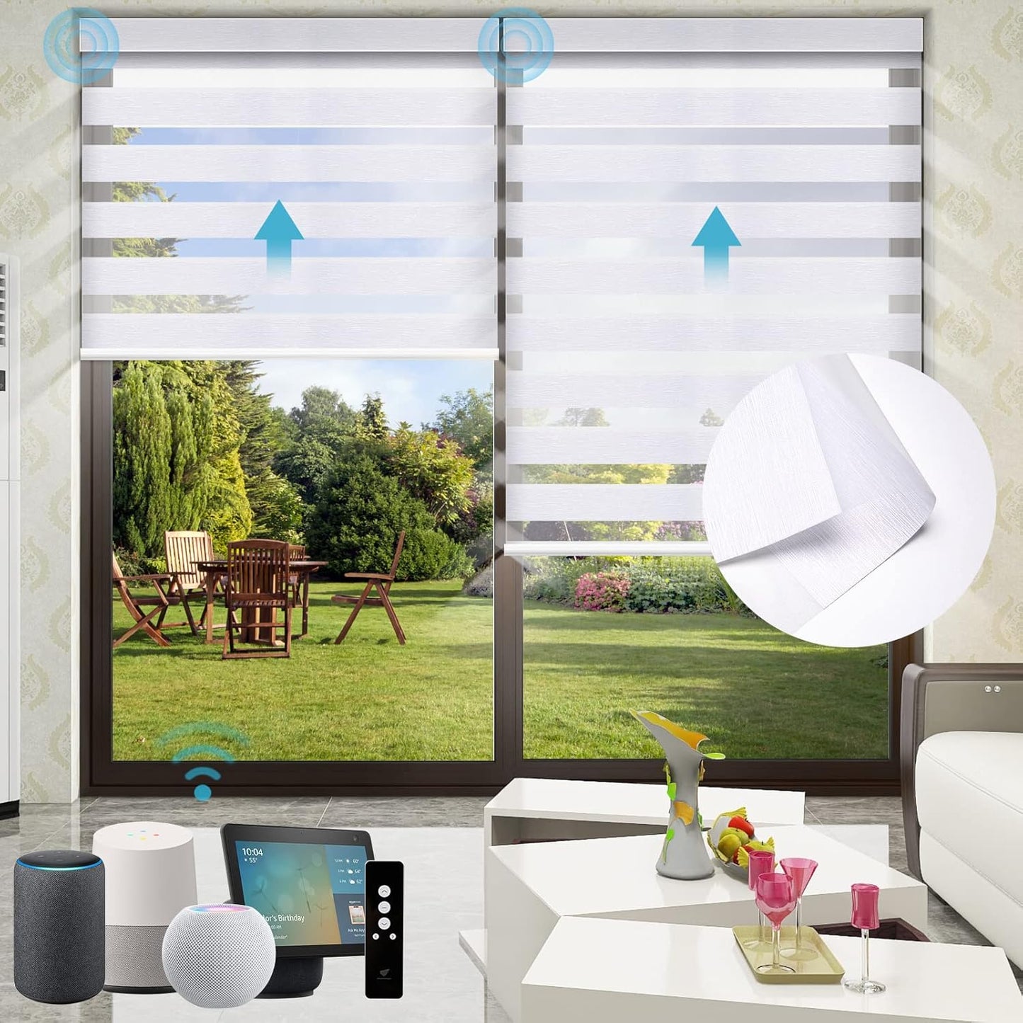 SmartWings Motorized Zebra Shades - Compatible with HomeKit, Alexa, SmartThings, Google - Remote Control Light Filtering Wireless Cordless Roller Shades - Customized Size, Fabric Sample