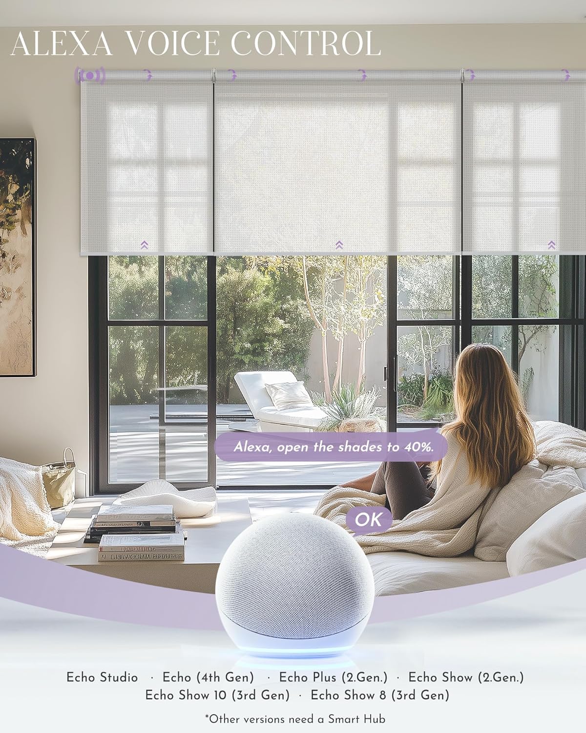 Graywind Smart Coupled Roller Shades Compatible with Alexa Google Custom Size Extra Large Motorized Blinds for Windows(5% Openess White)