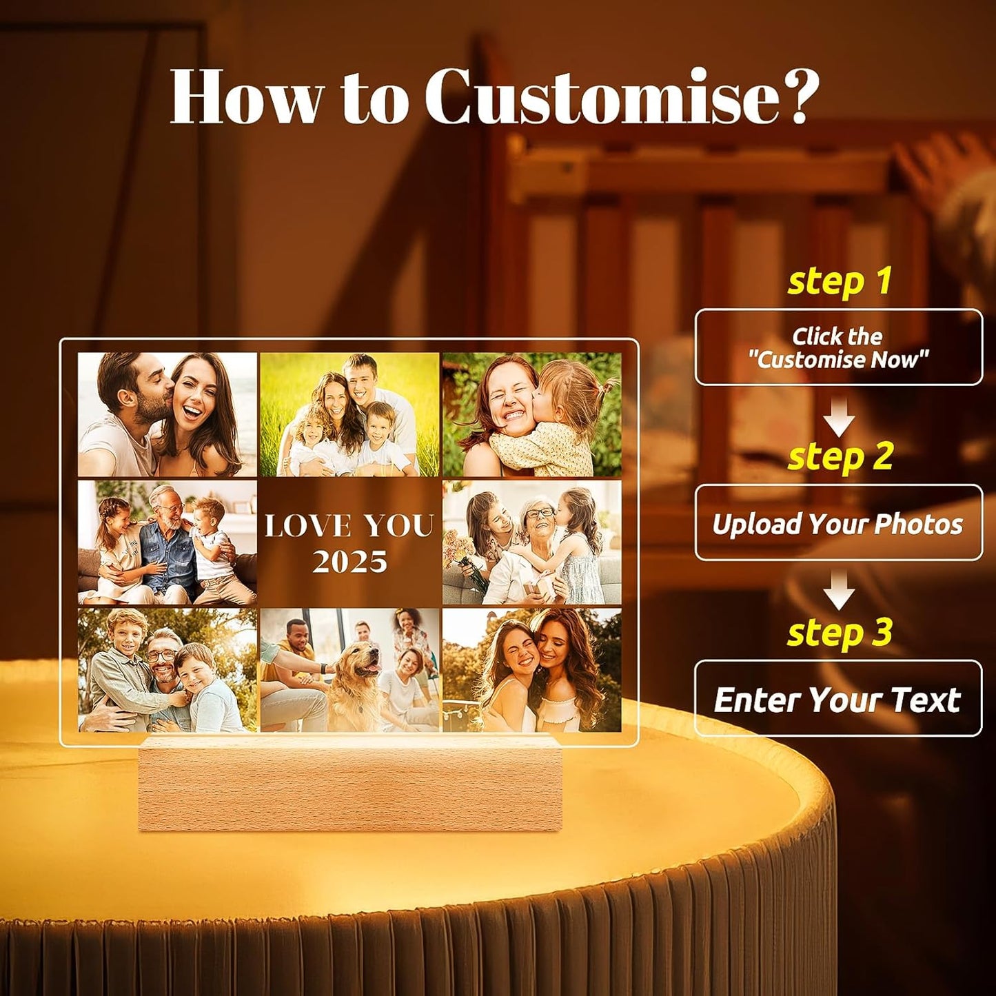 Custom Picture Frames with Photo, Personalized Photo Frame with Night Light, Customized Picture Frame, Personalized Anniversary Birthday Gifts for Women Men Mom Dad Grandma Grandpa Kids Family Friend