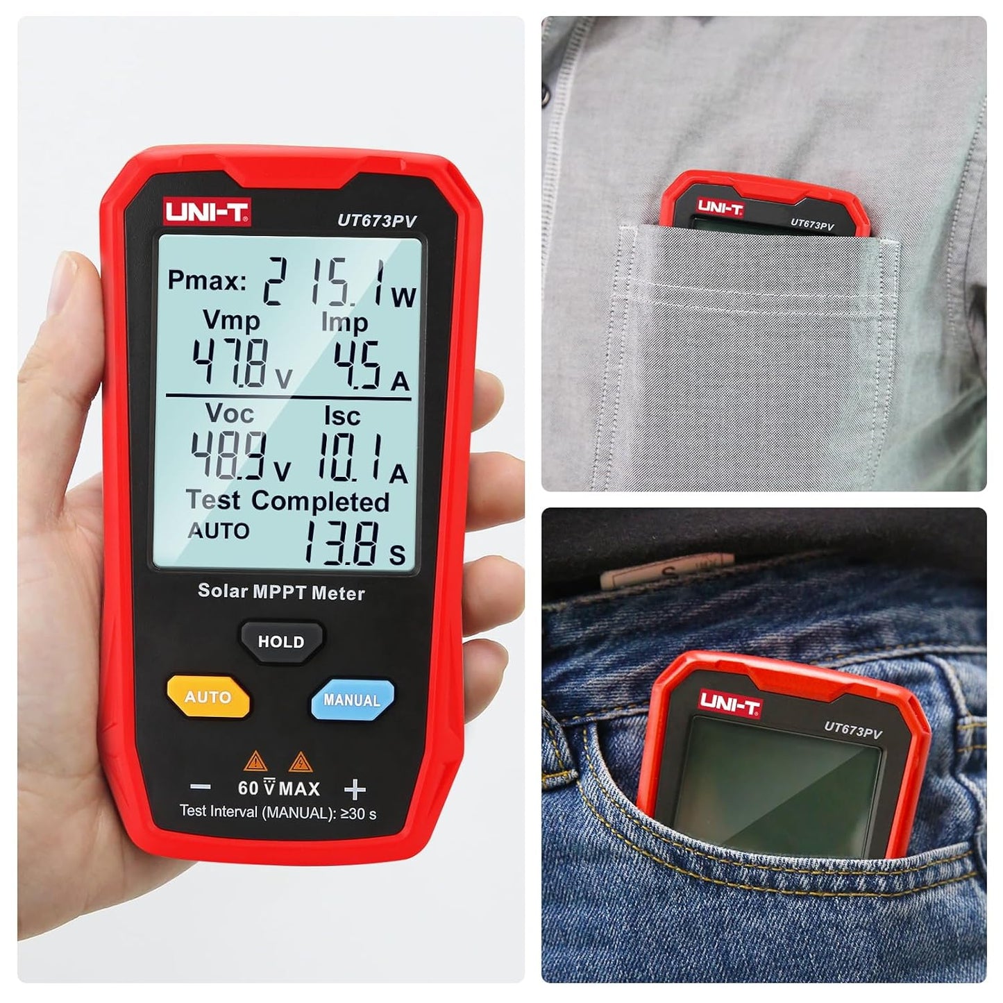 UNI-T UT673PV Solar Panel Tester, Solar MPPT Meter, 800W Photovoltaic Module Maximum Power Tester, Intelligent Manual/Auto MPPT Test, Large LCD and Multiple Result Displays