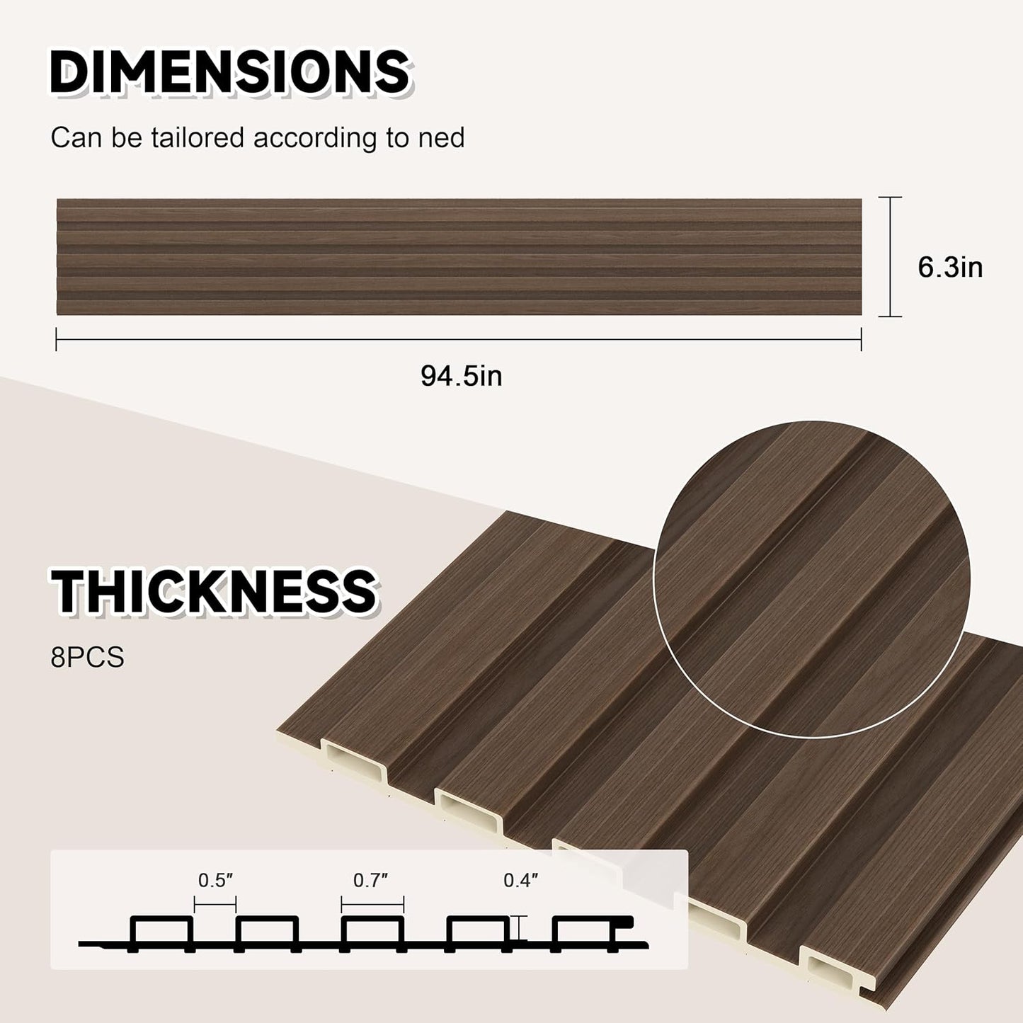 WPC Slat Wall Paneling, 8-Pack 3D WPC Wood Wall Panels, Acoustic Wall Panels for Interior Wall Decor, Living Room, Bedroom, Walnut, 95 x 6 in