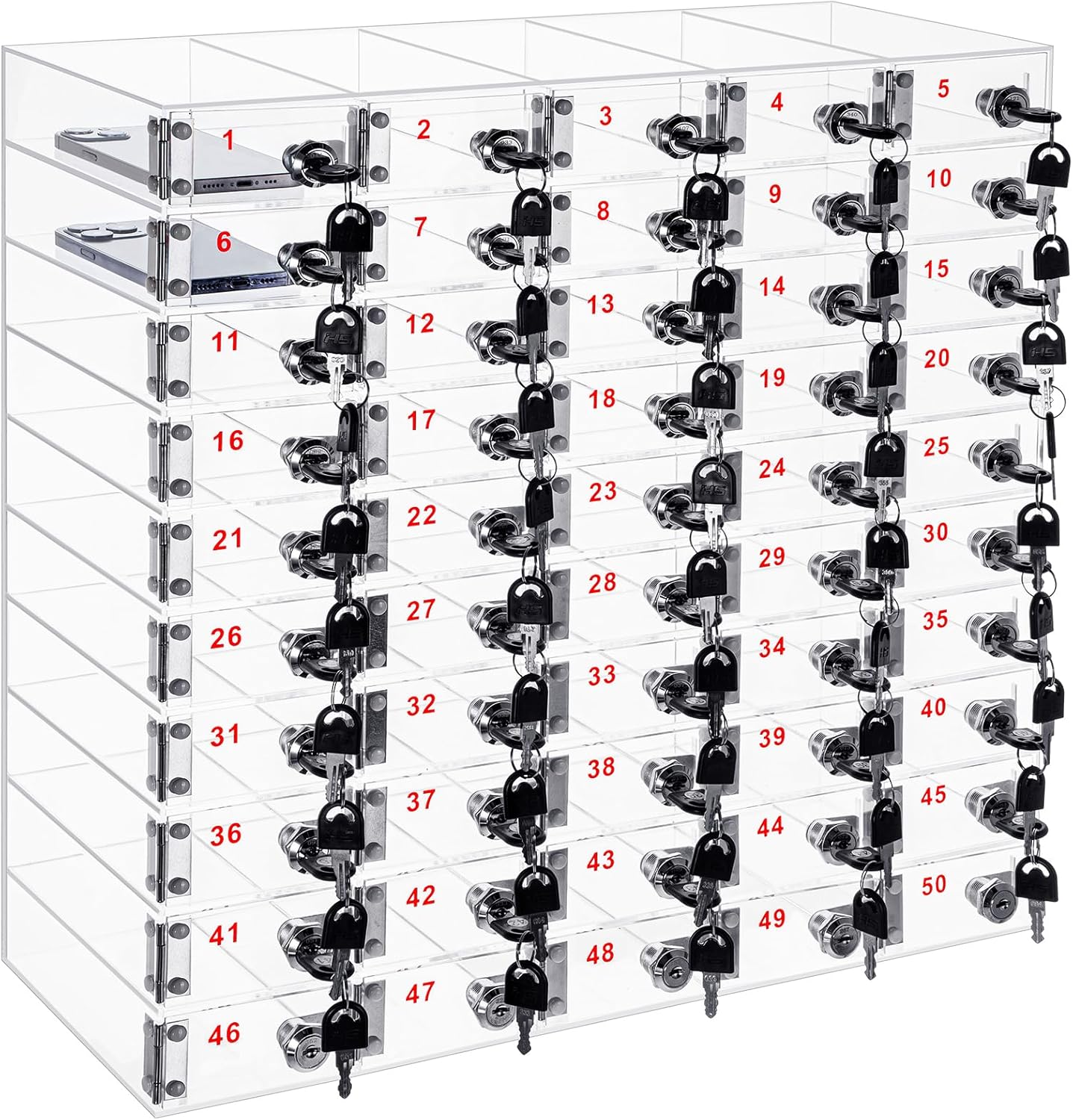 Layhit 50 Slots Cell Phone Locker Box for Classroom Clear Acrylic Cell Phone Storage Cabinet Bin with Door Locks for Classroom School Students Office Factory Employees