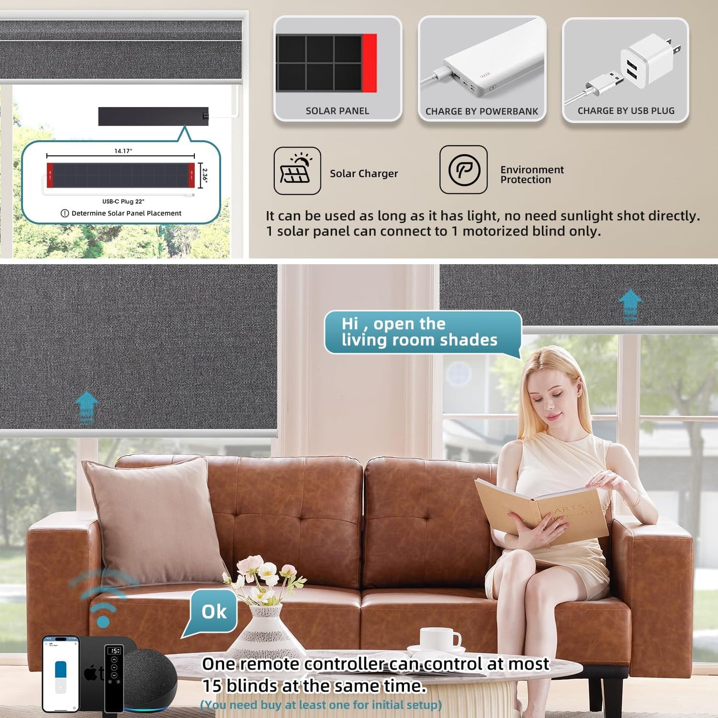 SmartWings Motorized 100% Blackout Shades Blinds, Custom Size, Cordless Window Shades Rechargeable Battery, Work with Matter/Apple HomeKit, Alexa, Thread/Zigbee, Remote Optional, Eclipse Anchor Grey