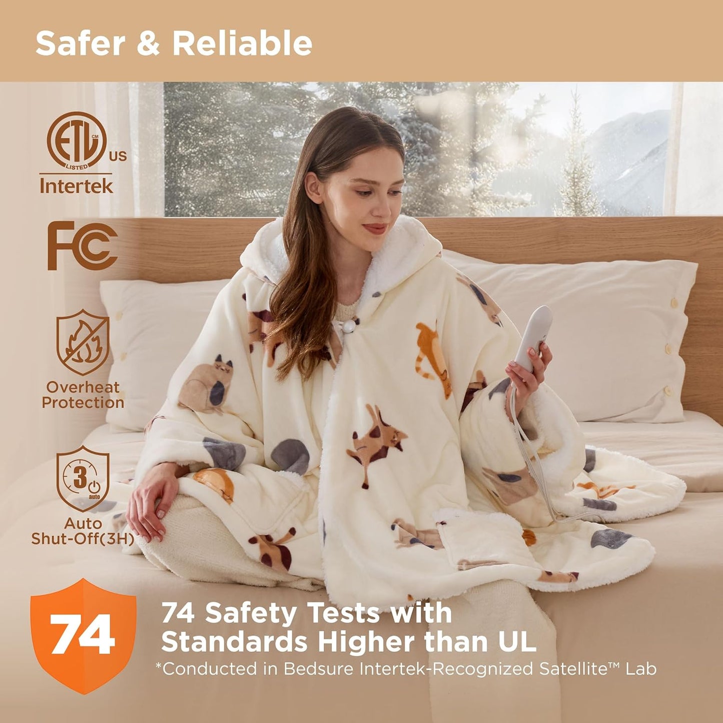Bedsure Heated Blanket Wearable Shawl - Electric Wrap Poncho Blanket Hoodie for Adult, Winter Gifts for Mom Women Girlfriend, Warm Sherpa Heating Throw, Auto Shut Off, 55x64 inches, Printed Cat
