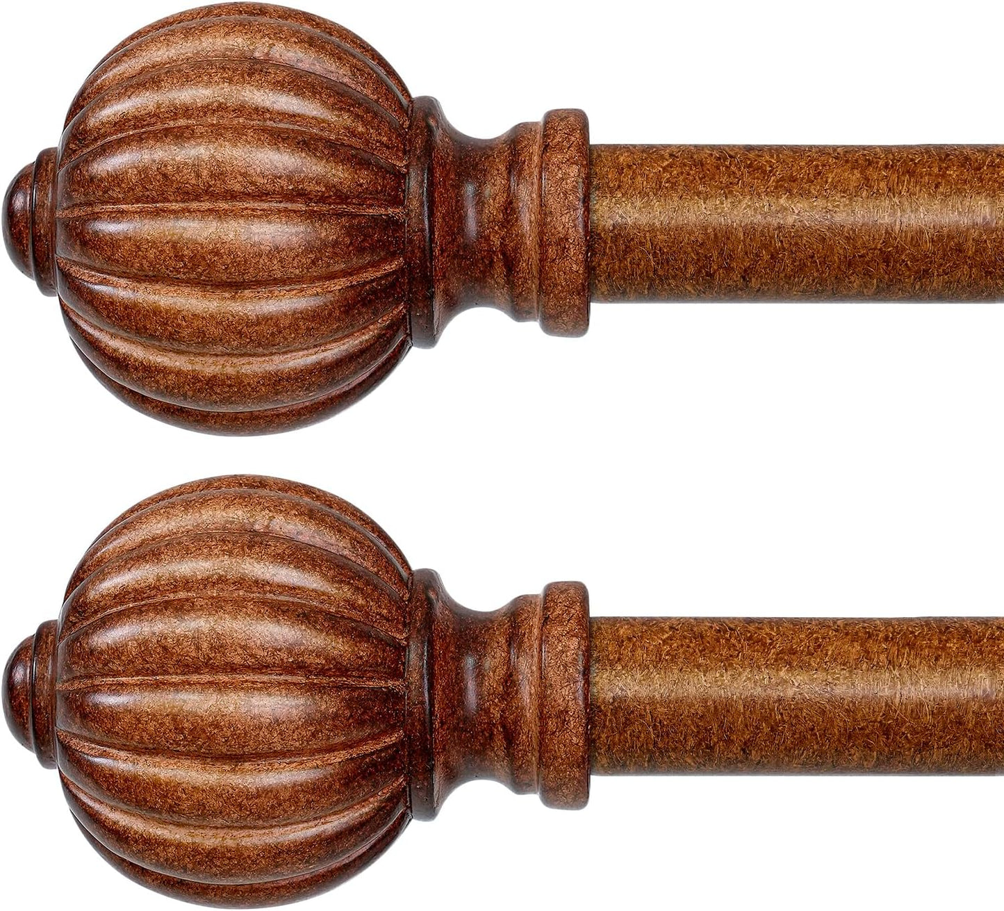 2 Pack Dark Brown Wood Curtain Rods for Windows 28 to 48 Inch, 1'' Adjustable Heavy Duty Curtain Rod，Vintage Imitation Wood Decorative Drapery Rods with Pumpkin Finials for Bedroom Living Room