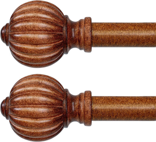 2 Pack Dark Brown Wood Curtain Rods for Windows 28 to 48 Inch, 1'' Adjustable Heavy Duty Curtain Rod，Vintage Imitation Wood Decorative Drapery Rods with Pumpkin Finials for Bedroom Living Room