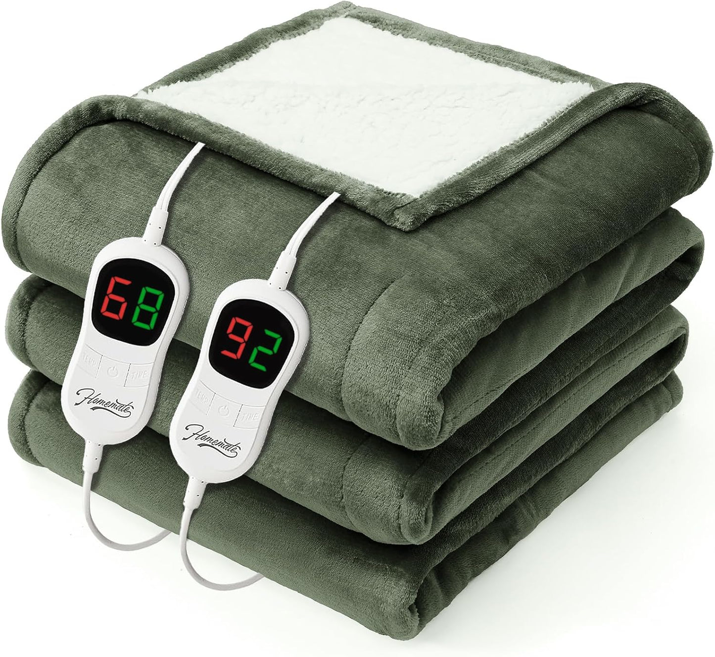 Homemate Electric Heated Blanket King - 100"x90" Heating Bed Blankets Throw with 10 Heating Levels 8 Hours Auto Off Fast Heating Over-Heated Protection Ultra Soft Warm Flannel ETL Certified Green