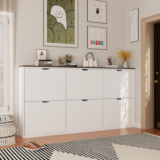 70.9" W Large Shoe Storage Cabinet with 6 Flip Drawers, White Shoe Organizer Cabinet for Up to 36 Pairs, Narrow Shoe Cabinet for Entryway, Hallway, Living Room