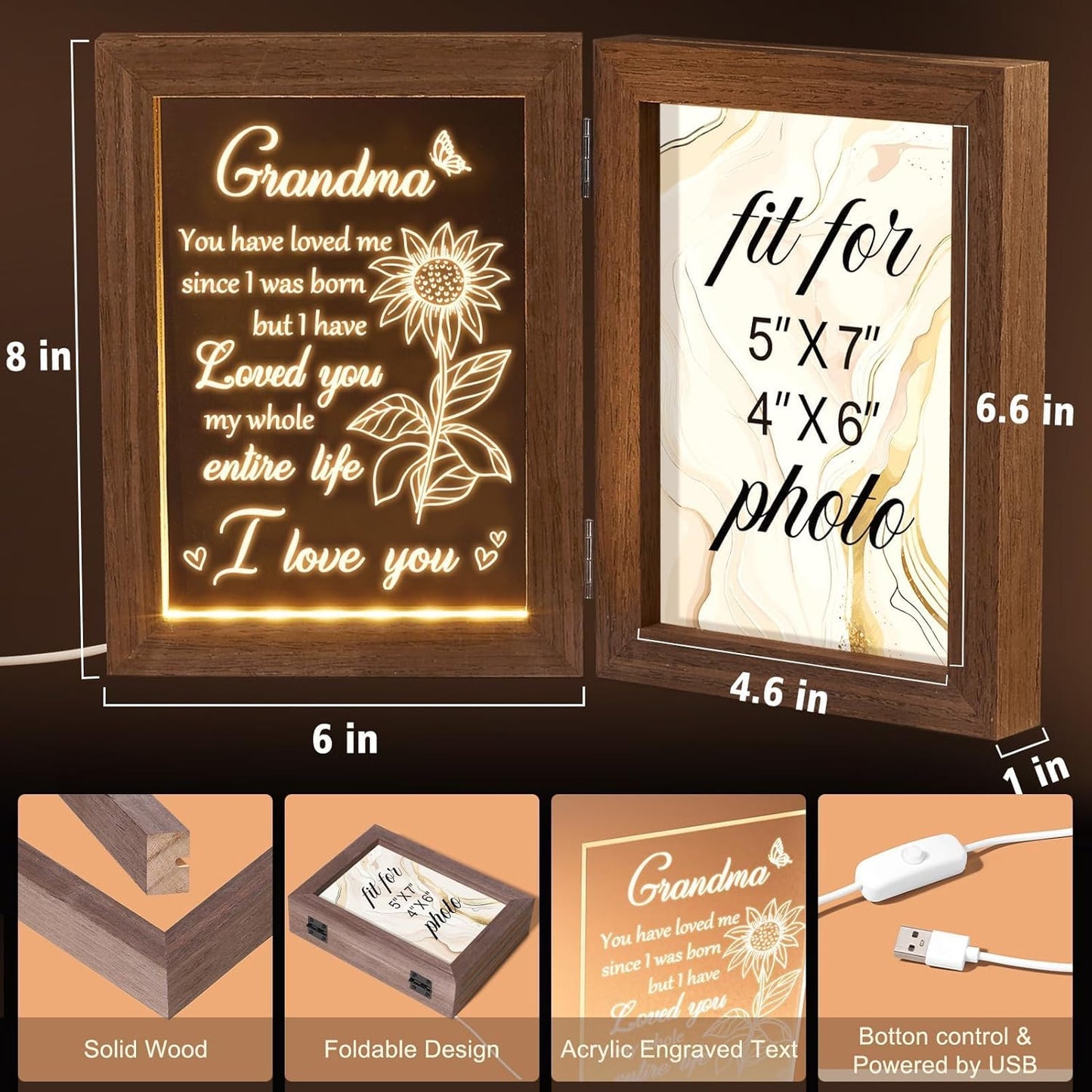 Grandma Gifts Christmas Gifts for Grandma from Granddaughter Grandson Grandkids, Grandmother Picture Frame 5x7 with Night Light Personalized Gift for Nana Grandmother Gigi Granny Mimi Tabletop Display