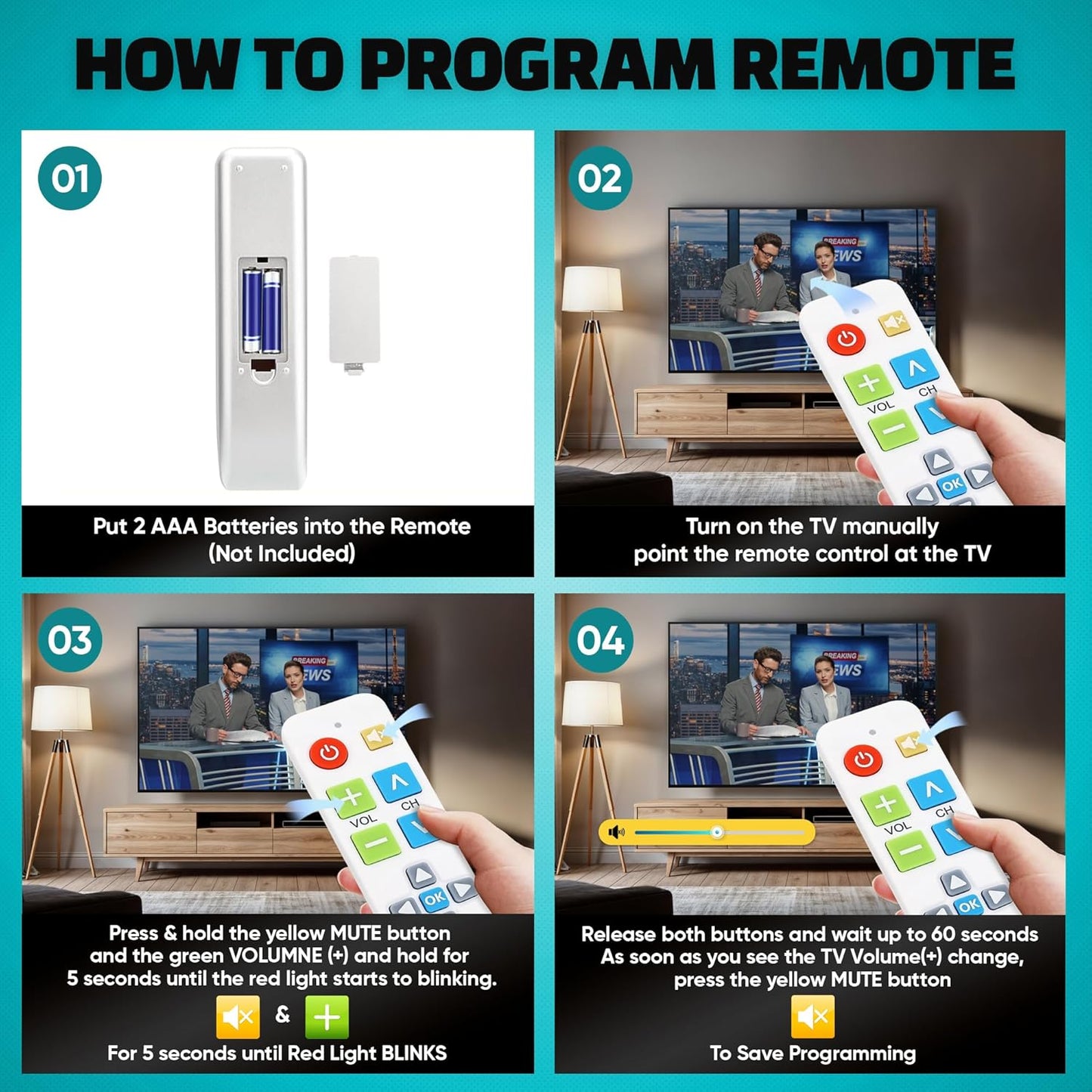 Plus Big Button Universal TV Remote (White) Simple Easy to Use, Works with Major TV Brands (2xAAA Batteries Not Included)