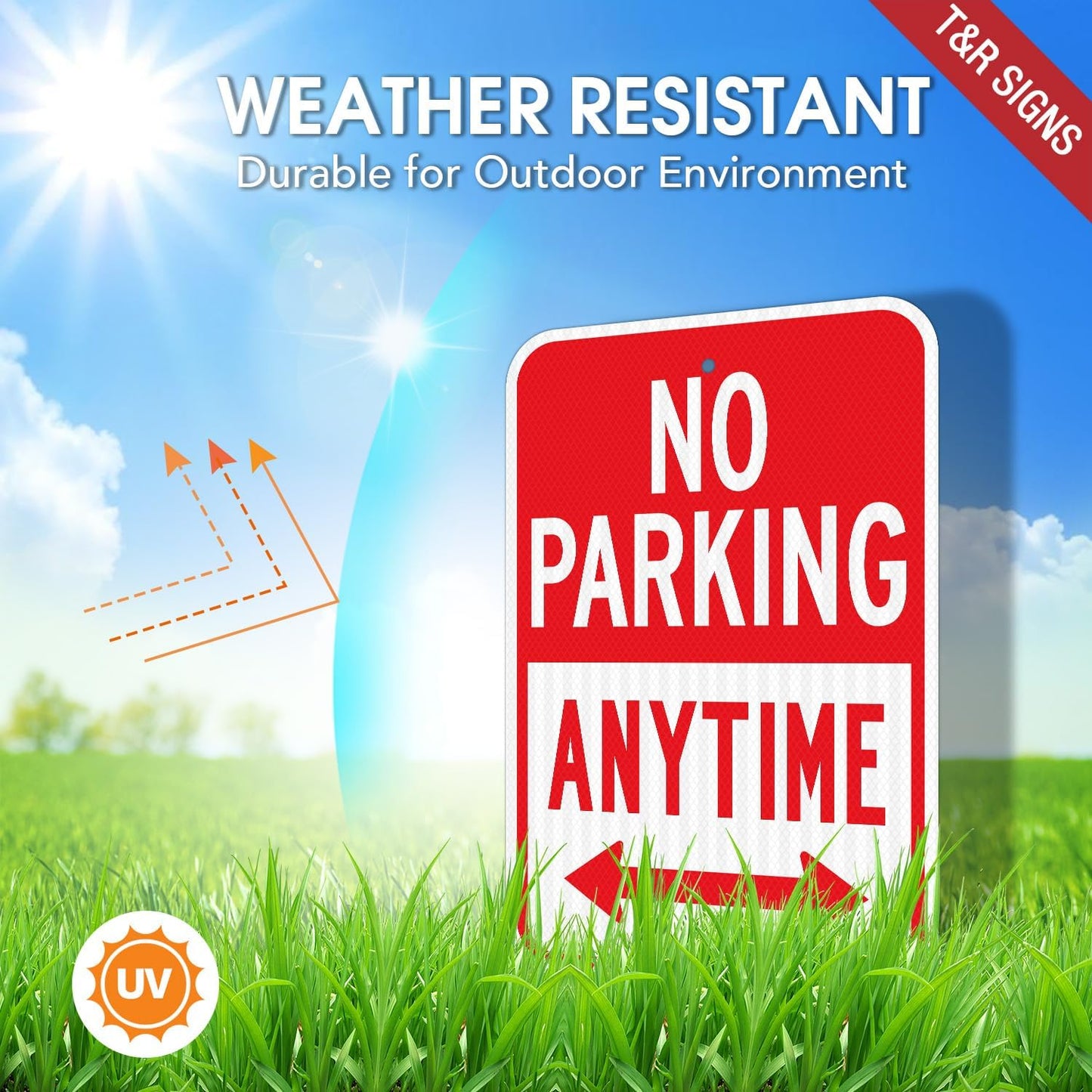 T&R (2 Pack) Large No Parking Anytime Sign, 18" x 12" Engineer Grade Reflective Sheeting, Rust Free Aluminum, Waterproof, Fade Resistant, 2 Pre-drilled Holes
